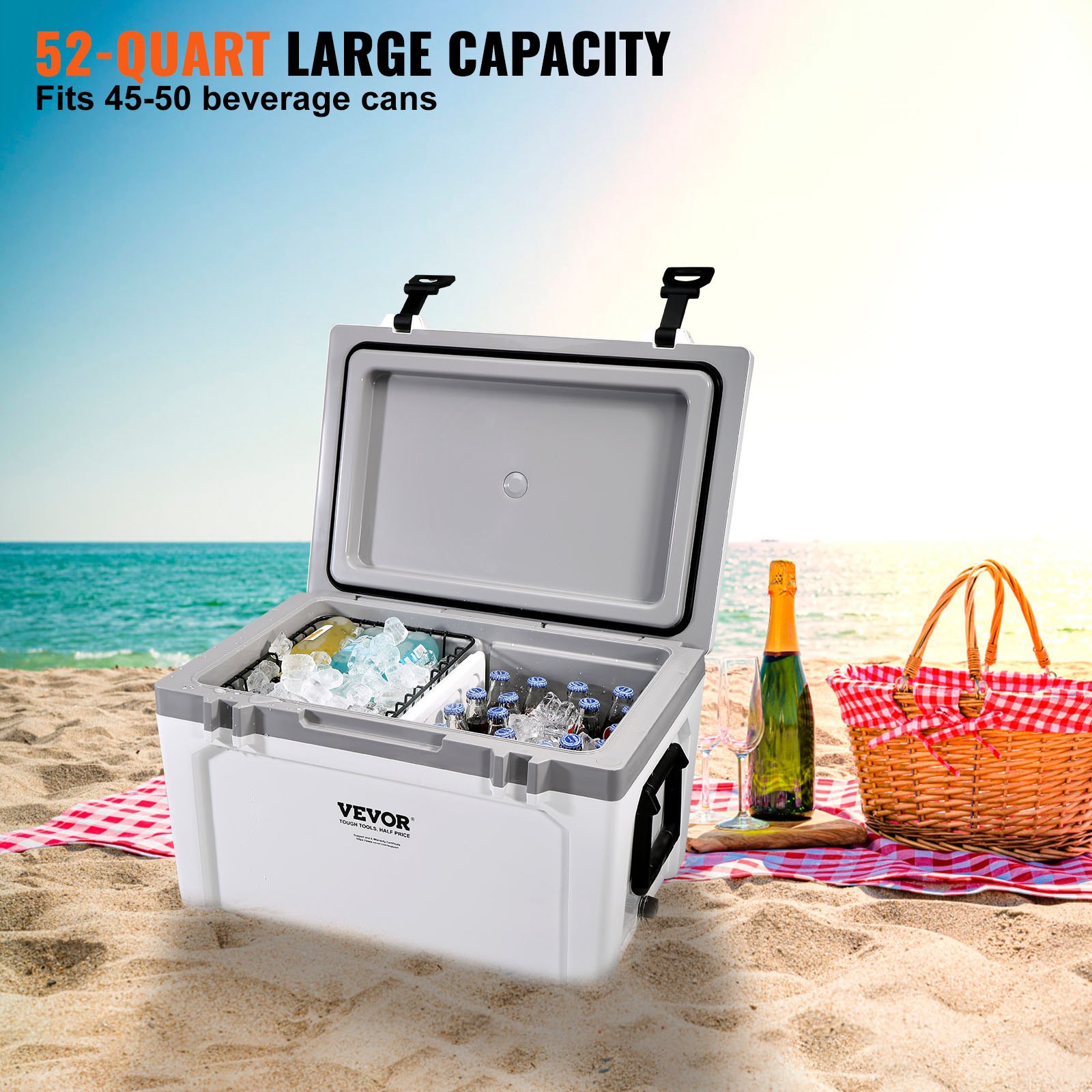 VEVOR Nevera Rígida Portátil 49,2L 45-50 Latas Nevera de Plástico Rígido con Aislamiento Hermético de Espuma LLDPE para Mantener Fría Comida Bebidas para Senderismo Pícnic Camping Viaje, 62,5x43x45 cm