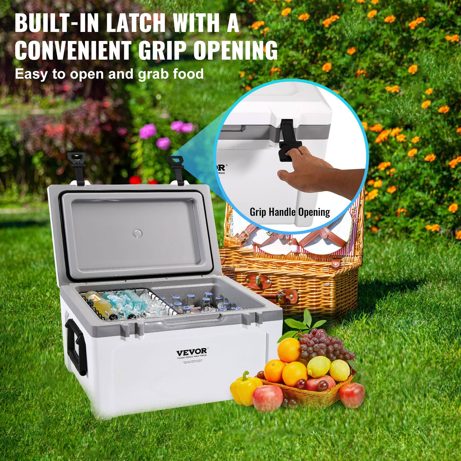 VEVOR Nevera Rígida Portátil 49,2L 45-50 Latas Nevera de Plástico Rígido con Aislamiento Hermético de Espuma LLDPE para Mantener Fría Comida Bebidas para Senderismo Pícnic Camping Viaje, 62,5x43x45 cm