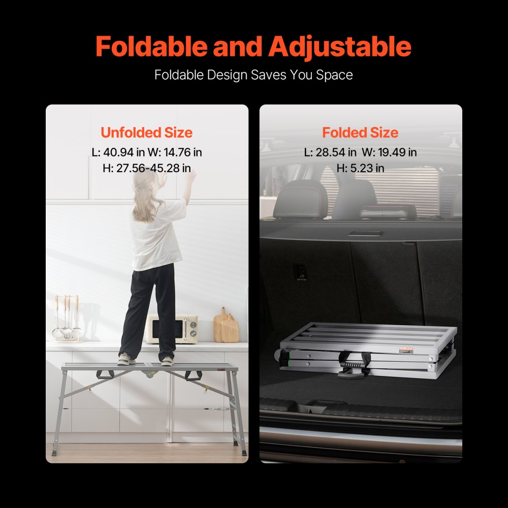 VEVOR Plataforma de Trabajo, Altura Ajustable de 4 Velocidades, Escalera de Acero de Aleación Plegable, Carga de 360 kg, Pies de Goma Antideslizantes, para Limpieza y Lavado, 1450 x 495 x 700 mm