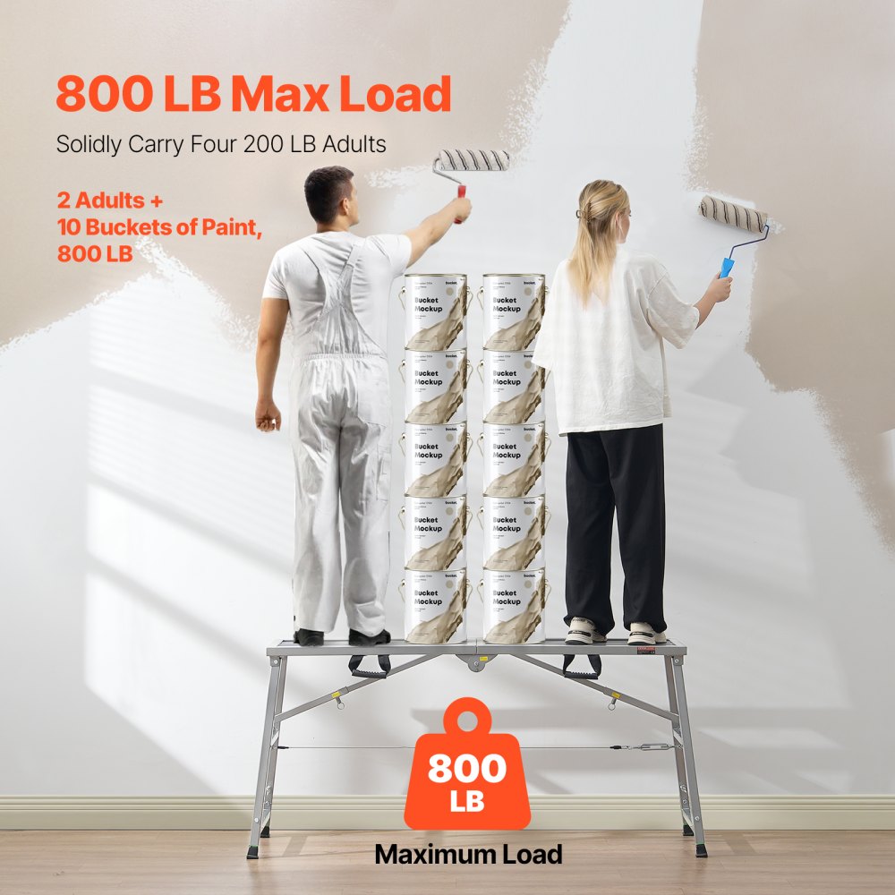 VEVOR Plataforma de Trabajo, Altura Ajustable de 4 Velocidades, Escalera de Acero de Aleación Plegable, Carga de 360 kg, Pies de Goma Antideslizantes, para Limpieza y Lavado, 1450 x 495 x 700 mm