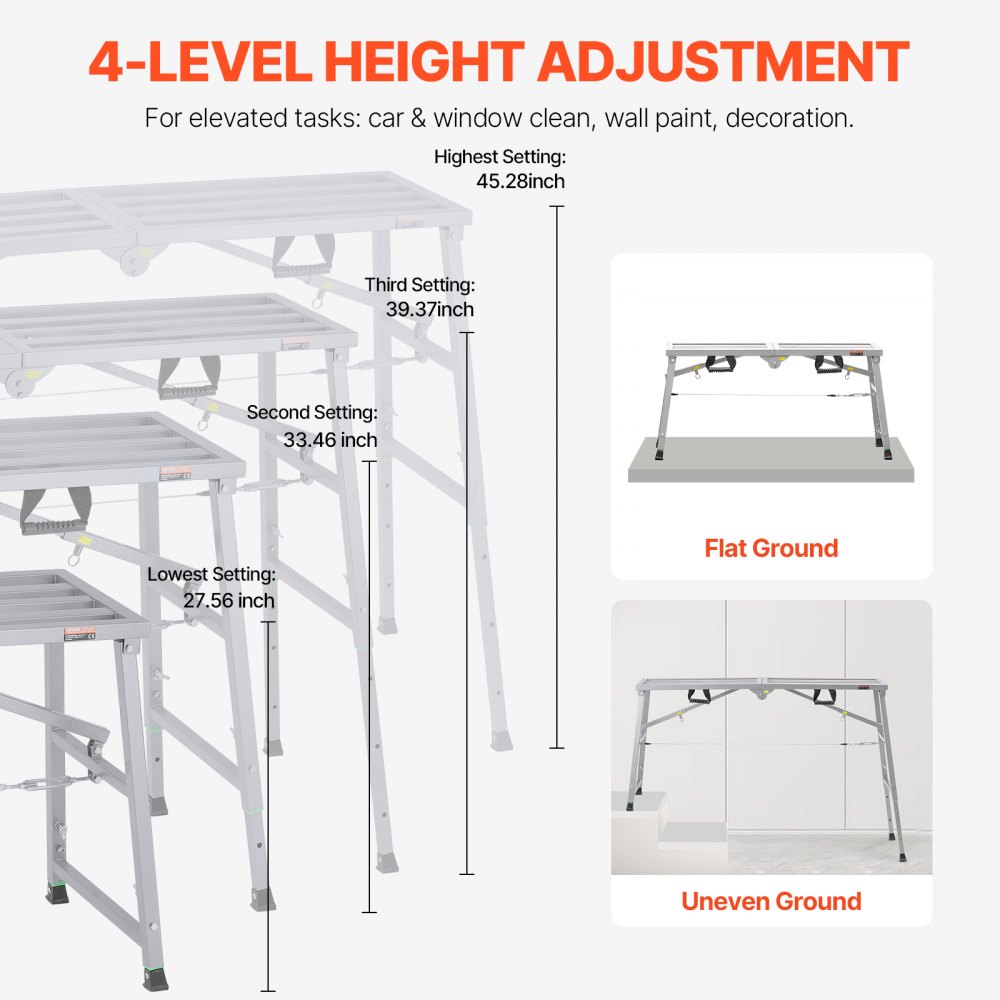 VEVOR Plataforma de Trabajo, Altura Ajustable de 4 Velocidades, Escalera de Acero de Aleación Plegable, Carga de 360 kg, Pies de Goma Antideslizantes, para Limpieza y Lavado, 1450 x 495 x 700 mm