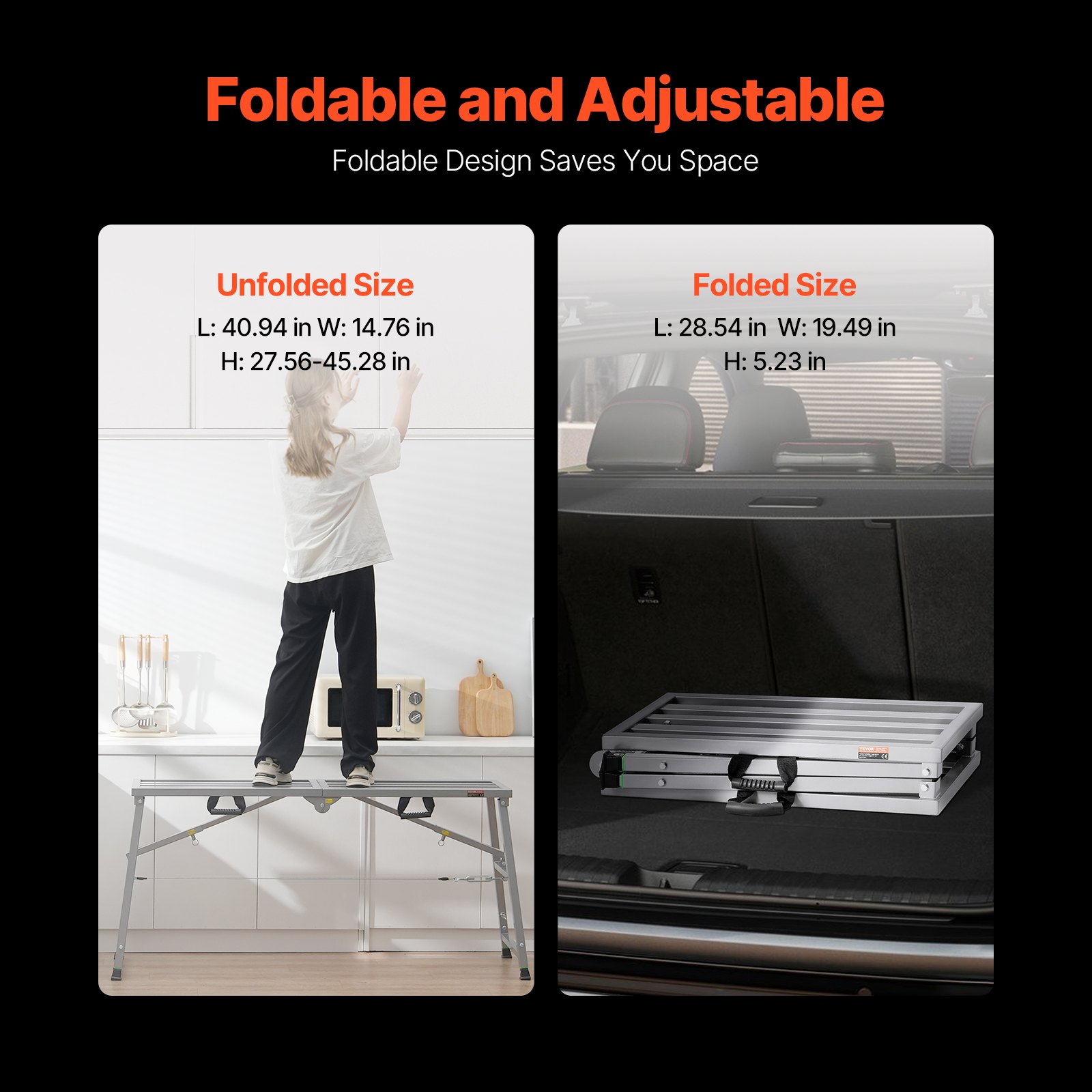 VEVOR Plataforma de Trabajo, Altura Ajustable de 4 Velocidades, Escalera de Acero de Aleación Plegable, Carga de 360 kg, Pies de Goma Antideslizantes, para Limpieza y Lavado, 1450 x 495 x 700 mm