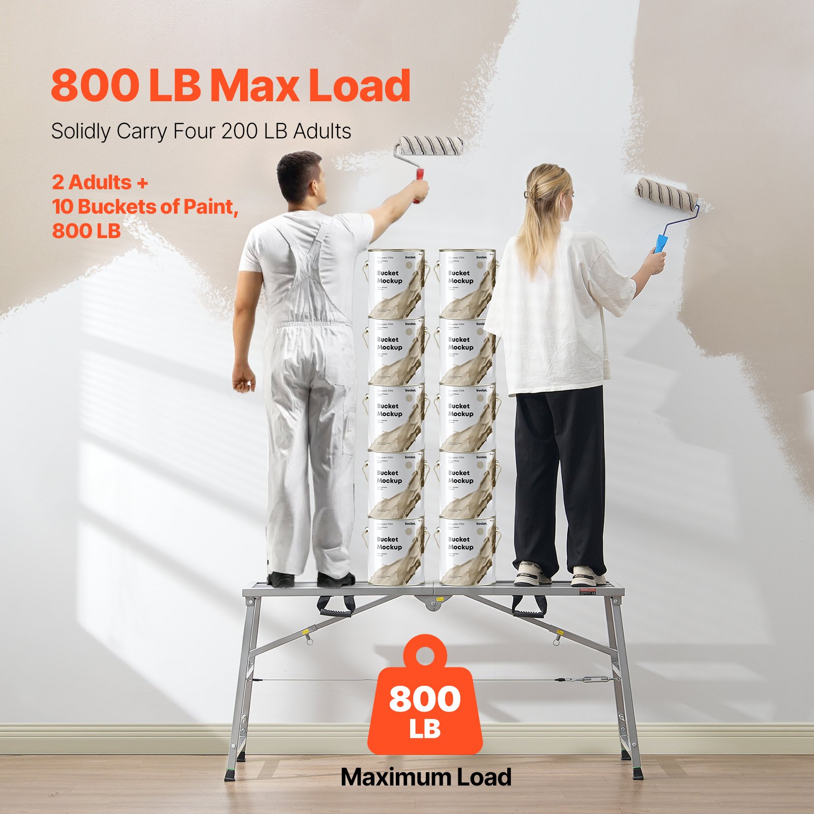VEVOR Plataforma de Trabajo, Altura Ajustable de 4 Velocidades, Escalera de Acero de Aleación Plegable, Carga de 360 kg, Pies de Goma Antideslizantes, para Limpieza y Lavado, 1450 x 495 x 700 mm