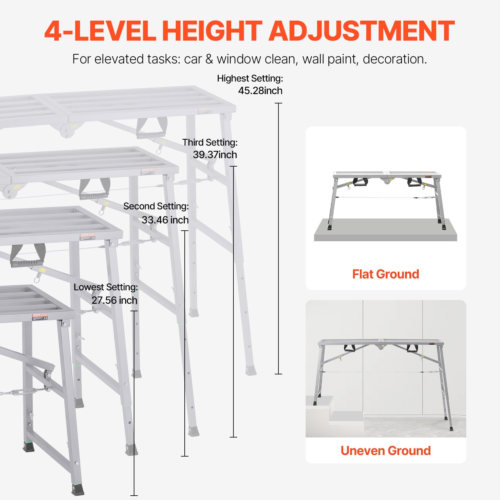 VEVOR Plataforma de Trabajo, Altura Ajustable de 4 Velocidades, Escalera de Acero de Aleación Plegable, Carga de 360 kg, Pies de Goma Antideslizantes, para Limpieza y Lavado, 1450 x 495 x 700 mm