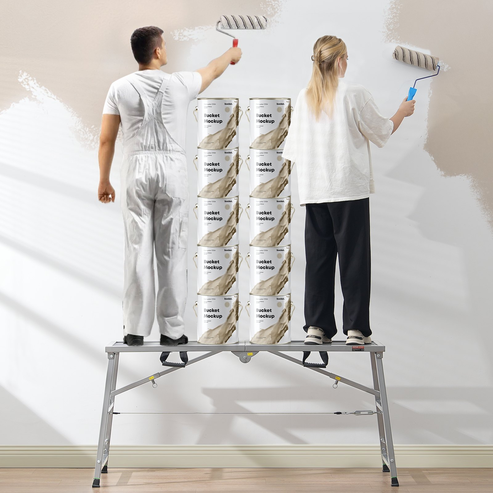 VEVOR Plataforma de Trabajo, Altura Ajustable de 4 Velocidades, Escalera de Acero de Aleación Plegable, Carga de 360 kg, Pies de Goma Antideslizantes, para Limpieza y Lavado, 1450 x 495 x 700 mm