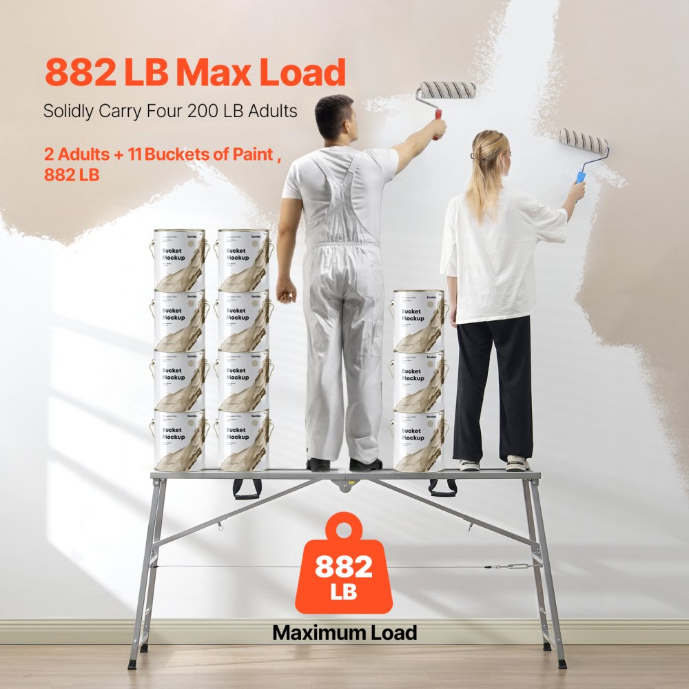 VEVOR Plataforma de Trabajo, Altura Ajustable de 4 Velocidades 90-150 cm, Escalera de Acero de Aleación Plegable, Pies de Goma Antideslizantes, Taburete para Pintar Paneles de Yeso, Limpieza y Lavado