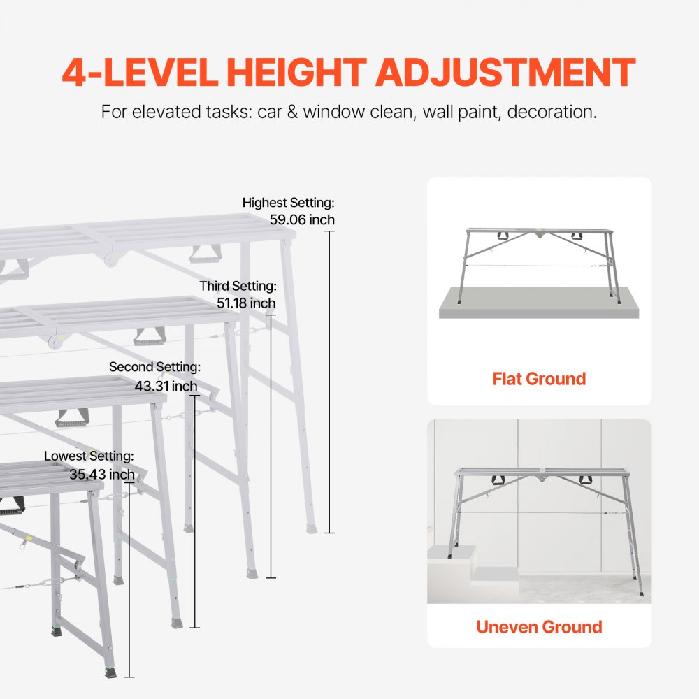 VEVOR Plataforma de Trabajo, Altura Ajustable de 4 Velocidades 90-150 cm, Escalera de Acero de Aleación Plegable, Pies de Goma Antideslizantes, Taburete para Pintar Paneles de Yeso, Limpieza y Lavado