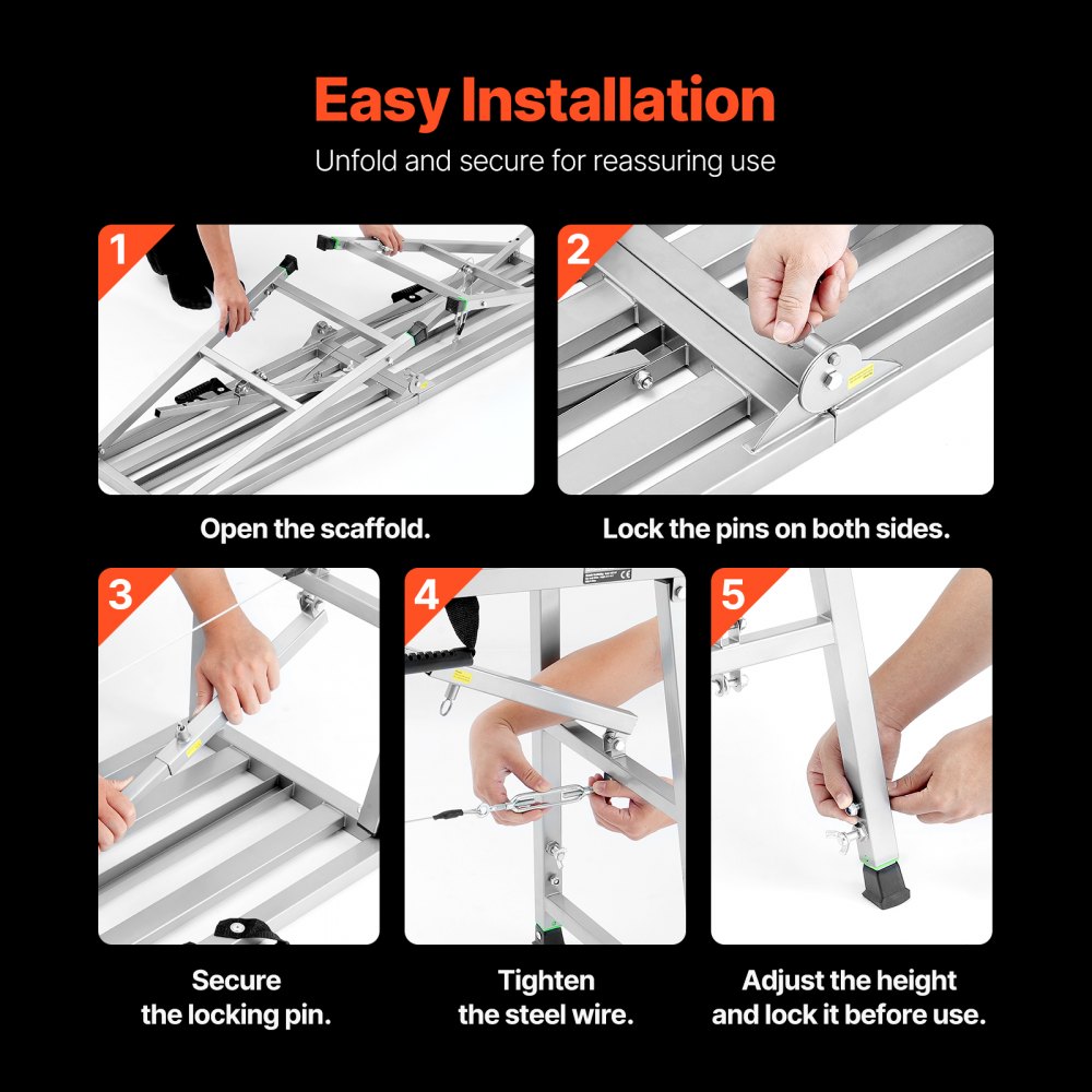 VEVOR Plataforma de Trabajo, Altura Ajustable de 4 Velocidades 90-150 cm, Escalera de Acero de Aleación Plegable, Pies de Goma Antideslizantes, Taburete para Pintar Paneles de Yeso, Limpieza y Lavado