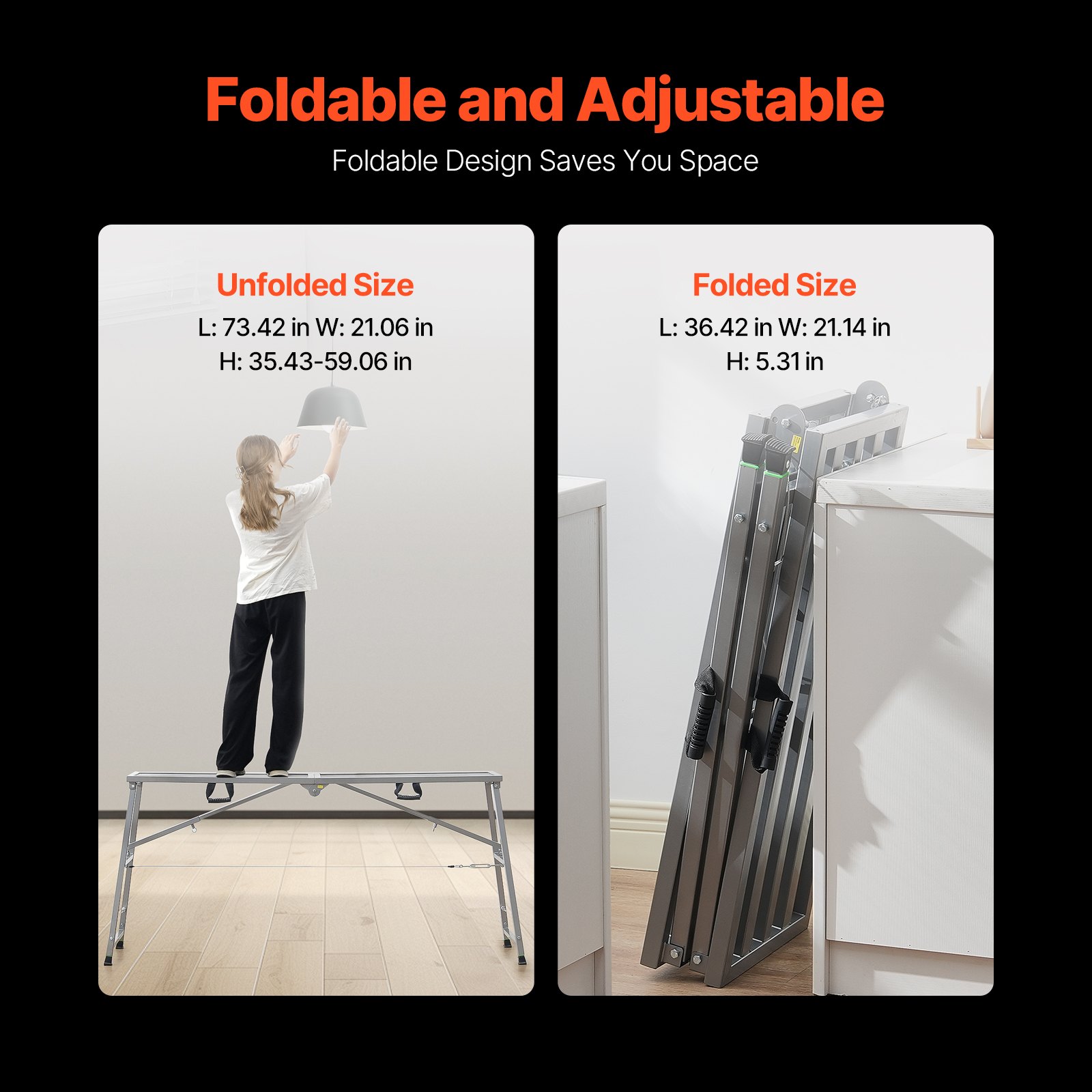 VEVOR Plataforma de Trabajo, Altura Ajustable de 4 Velocidades 90-150 cm, Escalera de Acero de Aleación Plegable, Pies de Goma Antideslizantes, Taburete para Pintar Paneles de Yeso, Limpieza y Lavado