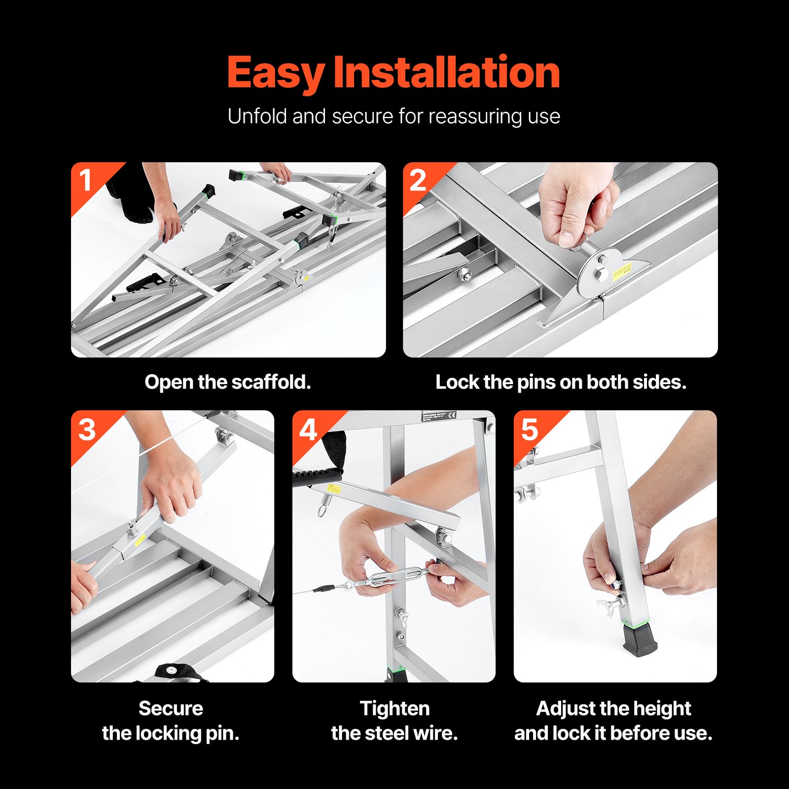 VEVOR Plataforma de Trabajo, Altura Ajustable de 4 Velocidades 90-150 cm, Escalera de Acero de Aleación Plegable, Pies de Goma Antideslizantes, Taburete para Pintar Paneles de Yeso, Limpieza y Lavado