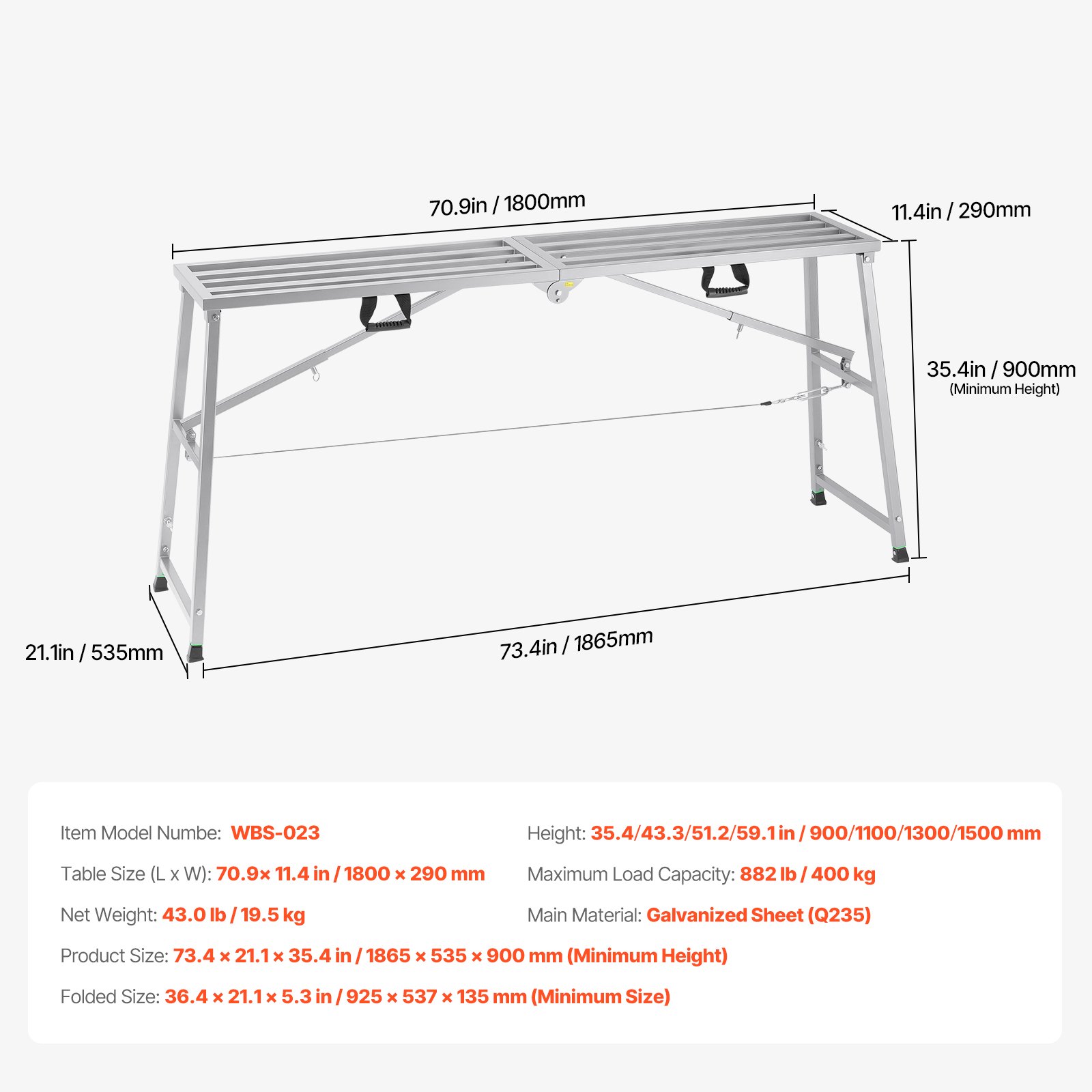 VEVOR Plataforma de Trabajo, Altura Ajustable de 4 Velocidades 90-150 cm, Escalera de Acero de Aleación Plegable, Pies de Goma Antideslizantes, Taburete para Pintar Paneles de Yeso, Limpieza y Lavado