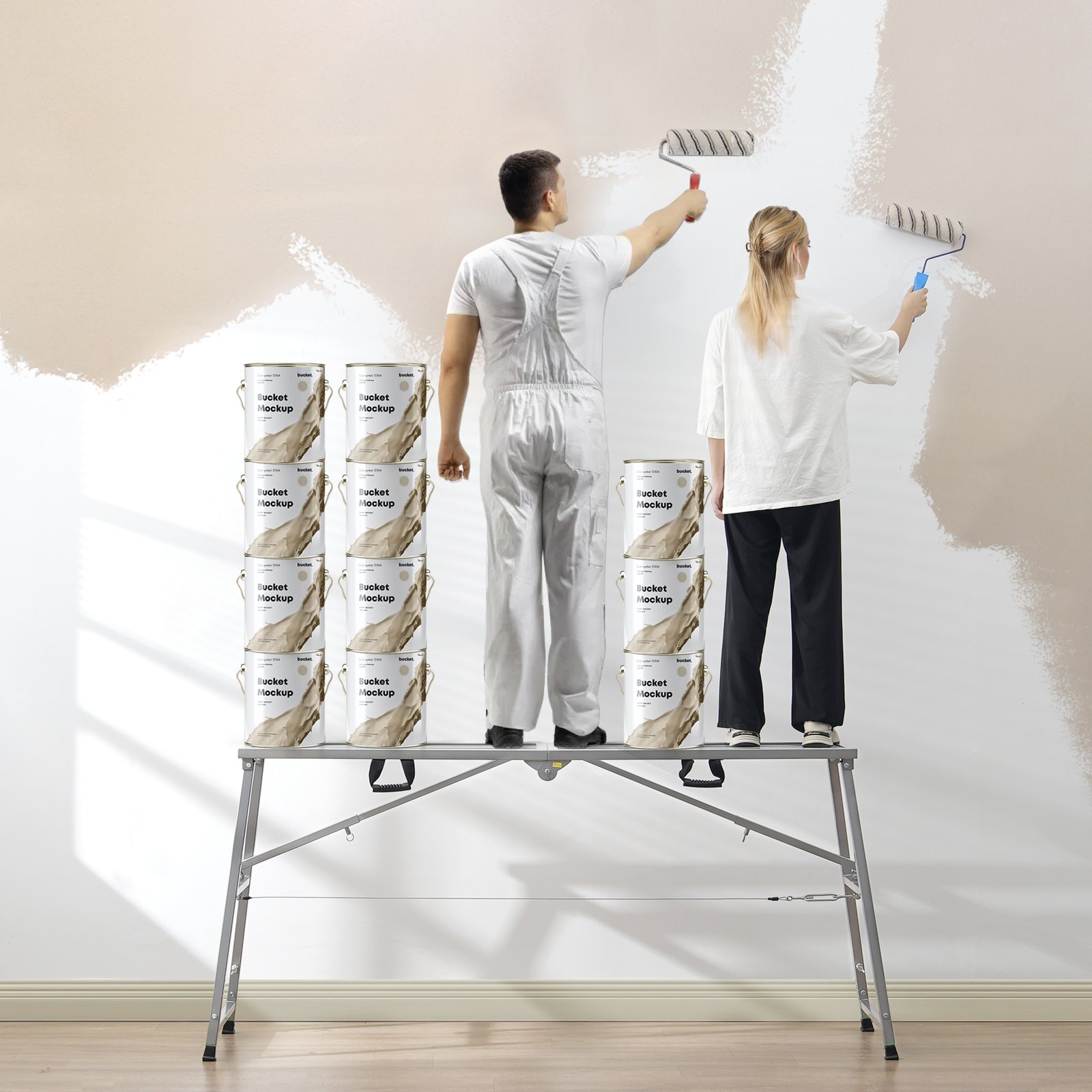 VEVOR Plataforma de Trabajo, Altura Ajustable de 4 Velocidades 90-150 cm, Escalera de Acero de Aleación Plegable, Pies de Goma Antideslizantes, Taburete para Pintar Paneles de Yeso, Limpieza y Lavado