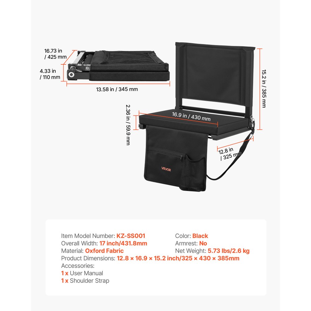 VEVOR Silla Plegable para Estadio con Respaldo, Acolchada, con Correa para el Hombro, Portavasos, Gancho y Bolsa de Malla, 431,8 mm de Ancho, Color Negro, Paquete de 1, para Eventos al Aire Libre