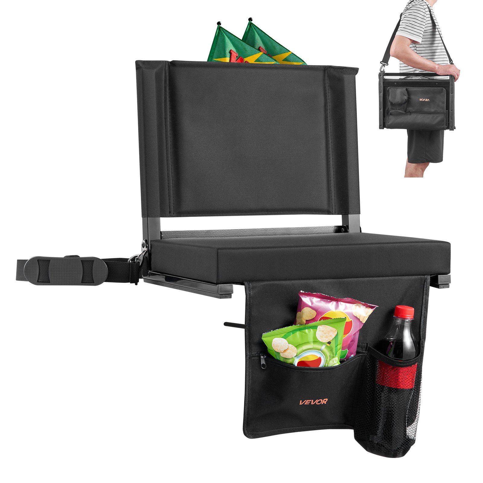 VEVOR Silla Plegable para Estadio con Respaldo, Acolchada, con Correa para el Hombro, Portavasos, Gancho y Bolsa de Malla, 431,8 mm de Ancho, Color Negro, Paquete de 1, para Eventos al Aire Libre