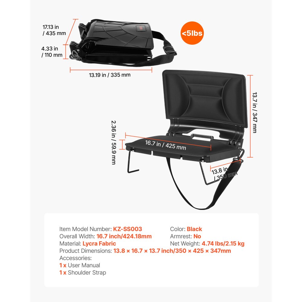 VEVOR Silla de Grada Plegable con Respaldo, Acolchada y con Correa para el Hombro, para Estadio, Eventos Deportivos, Conciertos o Eventos al Aire Libre, Fabricada en Licra, Color Negro, 1 ud