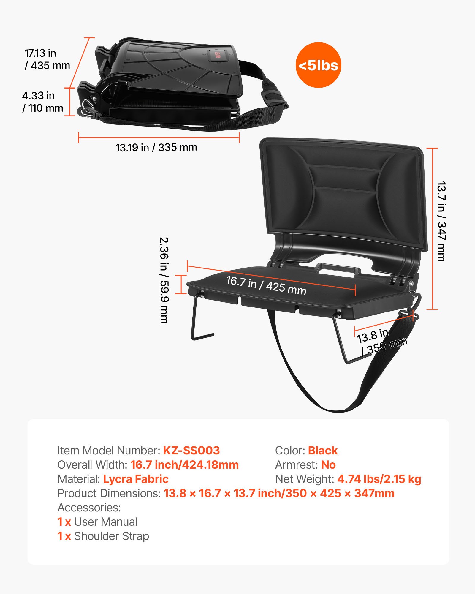 VEVOR Silla de Grada Plegable con Respaldo, Acolchada y con Correa para el Hombro, para Estadio, Eventos Deportivos, Conciertos o Eventos al Aire Libre, Fabricada en Licra, Color Negro, 1 ud