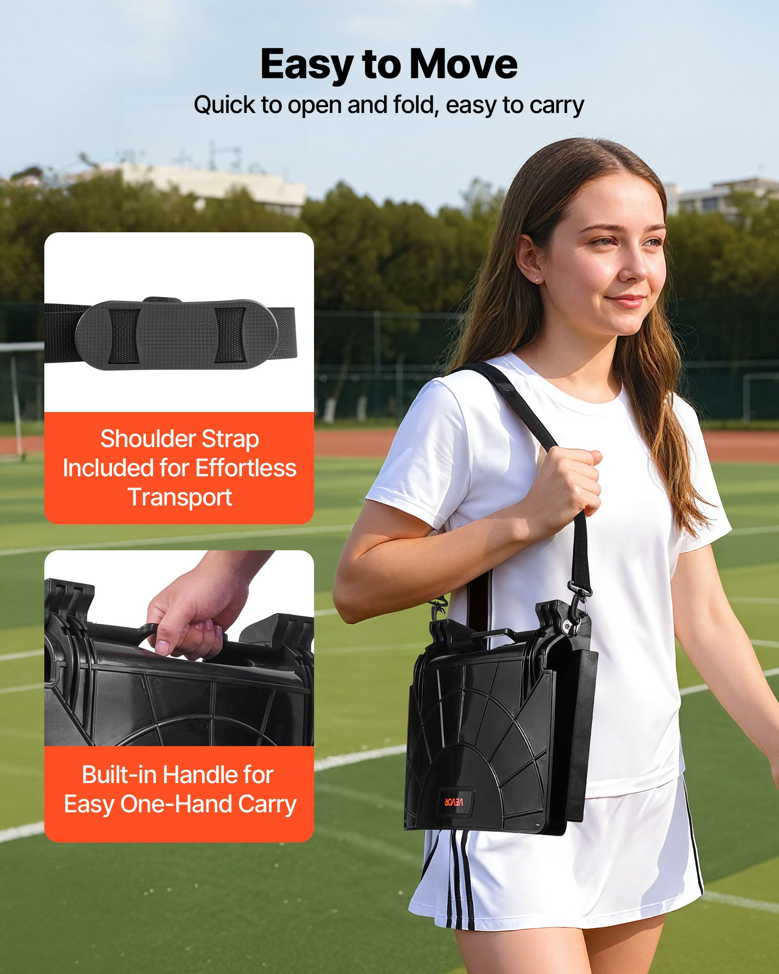 VEVOR Silla de Grada Plegable con Respaldo, Acolchada y con Correa para el Hombro, para Estadio, Eventos Deportivos, Conciertos o Eventos al Aire Libre, Fabricada en Licra, Color Negro, 1 ud