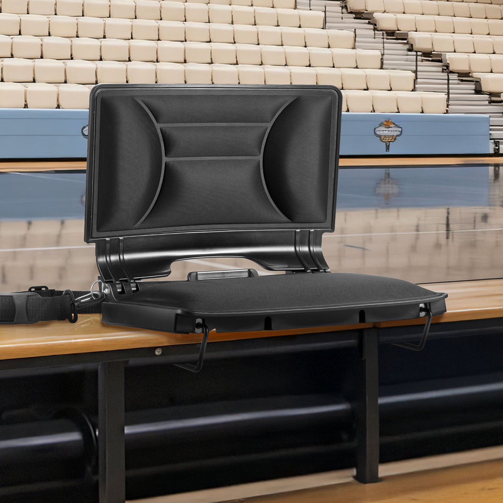 VEVOR Silla de Grada Plegable con Respaldo, Acolchada y con Correa para el Hombro, para Estadio, Eventos Deportivos, Conciertos o Eventos al Aire Libre, Fabricada en Licra, Color Negro, 1 ud