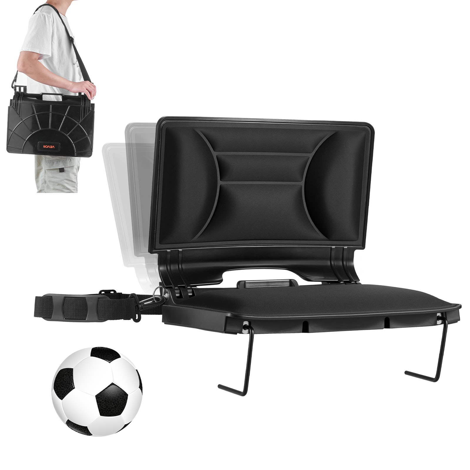 VEVOR Silla de Grada Plegable con Respaldo, Acolchada y con Correa para el Hombro, para Estadio, Eventos Deportivos, Conciertos o Eventos al Aire Libre, Fabricada en Licra, Color Negro, 1 ud