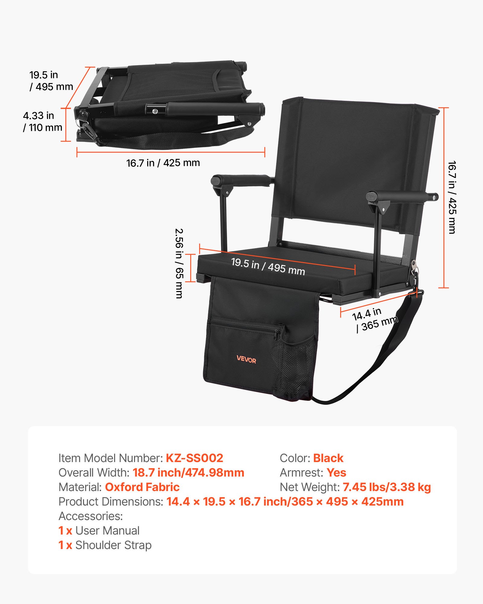 VEVOR Silla de Estadio Portátil, con Respaldo de 95° y Reposabrazos, Multiusos, para el Hombro, Portavasos y Gancho, Fabricada en Tela Oxford 600D Impermeable, Color Negro, 365 x 495 x 425 mm