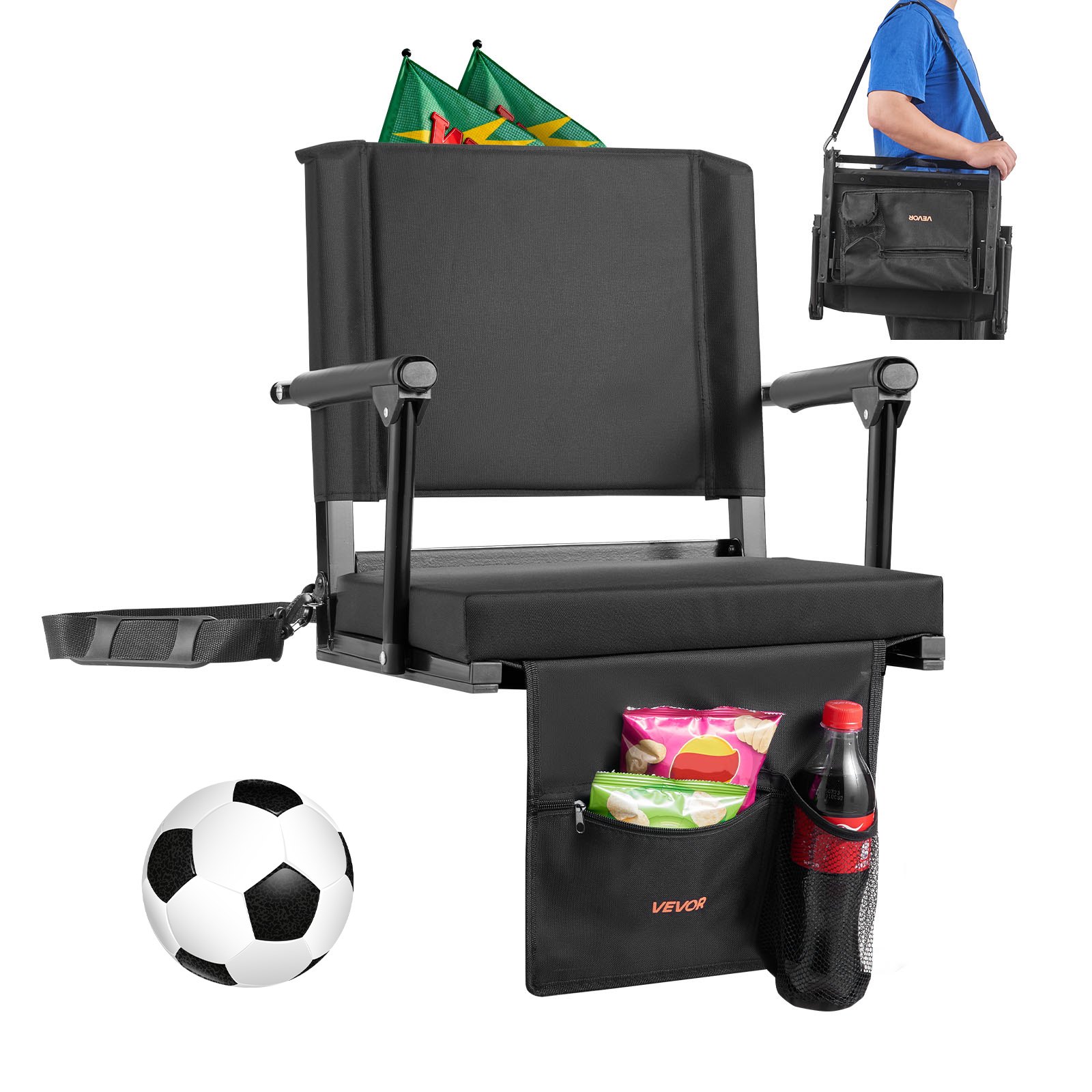 VEVOR Silla de Estadio Portátil, con Respaldo de 95° y Reposabrazos, Multiusos, para el Hombro, Portavasos y Gancho, Fabricada en Tela Oxford 600D Impermeable, Color Negro, 365 x 495 x 425 mm