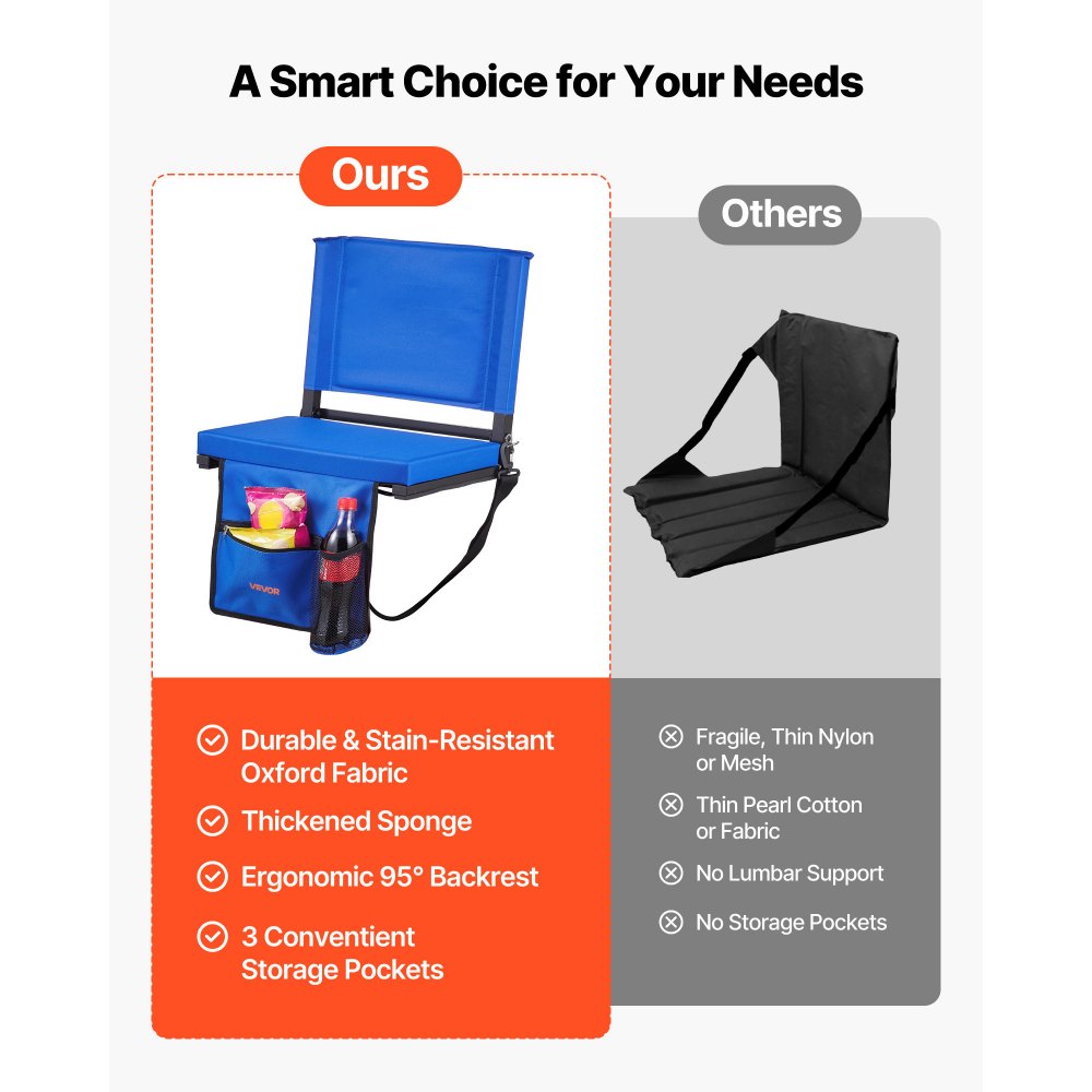 VEVOR Silla de Estadio Plegable, con Respaldo, Asiento Acolchado con Correa para el Hombro, Portavasos, Gancho y Bolsillo Lateral, Azul, 1 ud, 325 x 430 x 385 mm, Tela Oxford 600D Impermeable