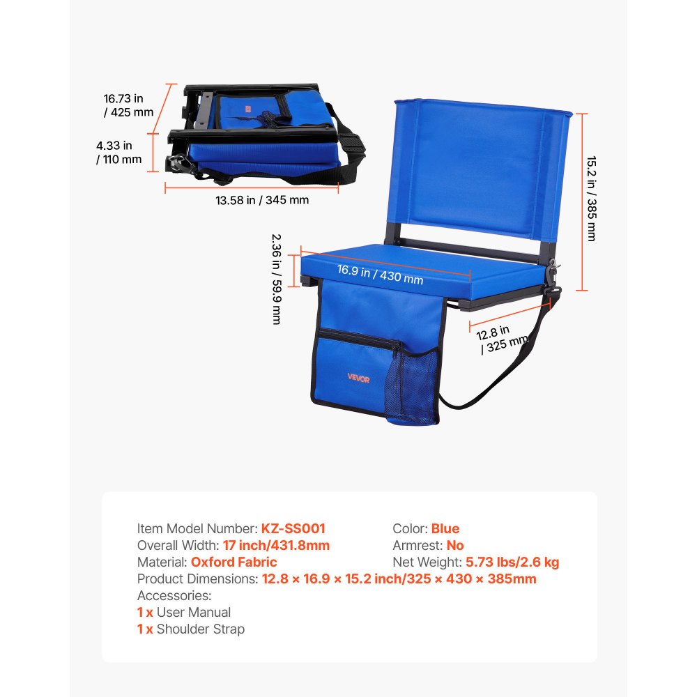 VEVOR Silla de Estadio Plegable, con Respaldo, Asiento Acolchado con Correa para el Hombro, Portavasos, Gancho y Bolsillo Lateral, Azul, 1 ud, 325 x 430 x 385 mm, Tela Oxford 600D Impermeable