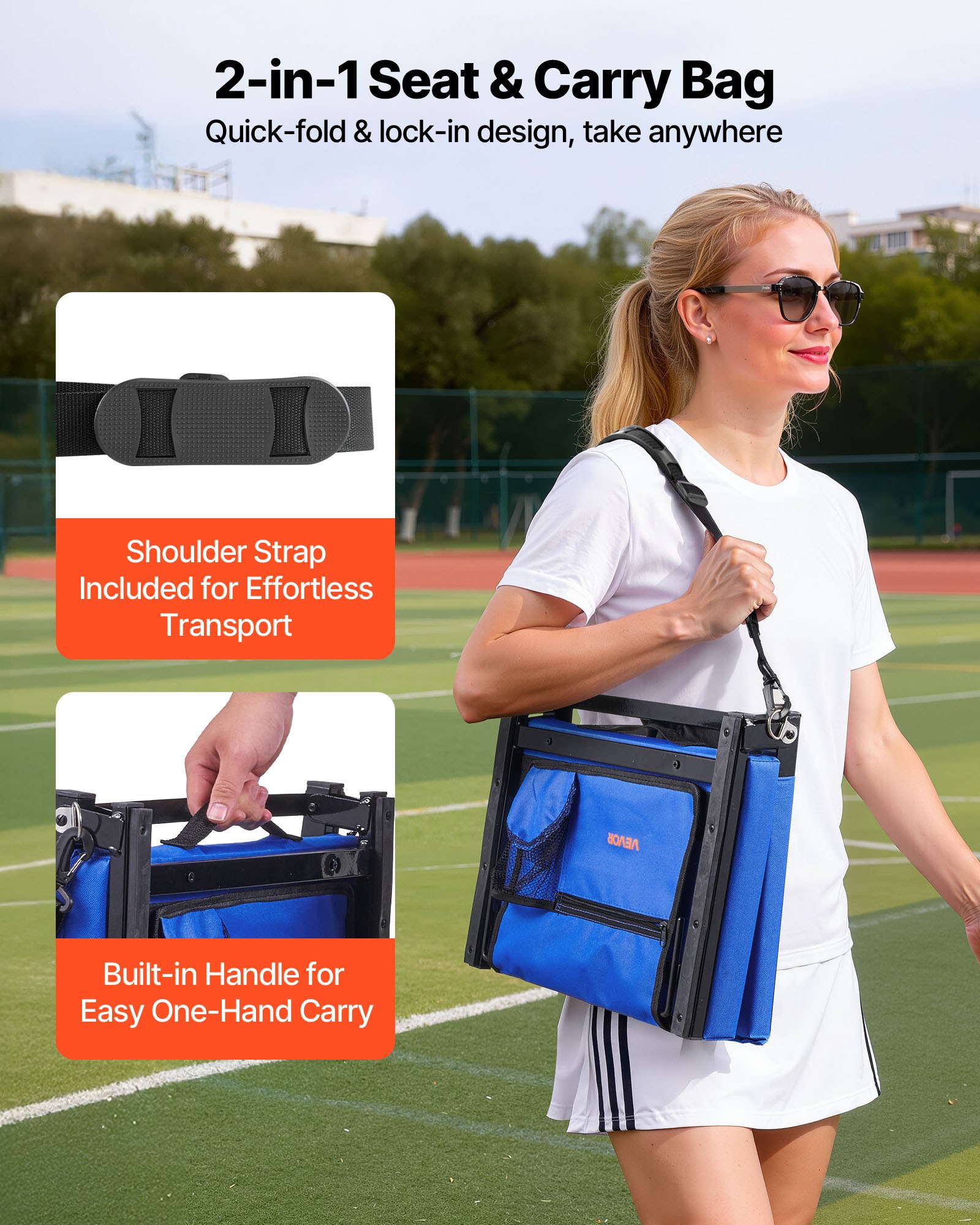 VEVOR Silla de Estadio Plegable, con Respaldo, Asiento Acolchado con Correa para el Hombro, Portavasos, Gancho y Bolsillo Lateral, Azul, 1 ud, 325 x 430 x 385 mm, Tela Oxford 600D Impermeable