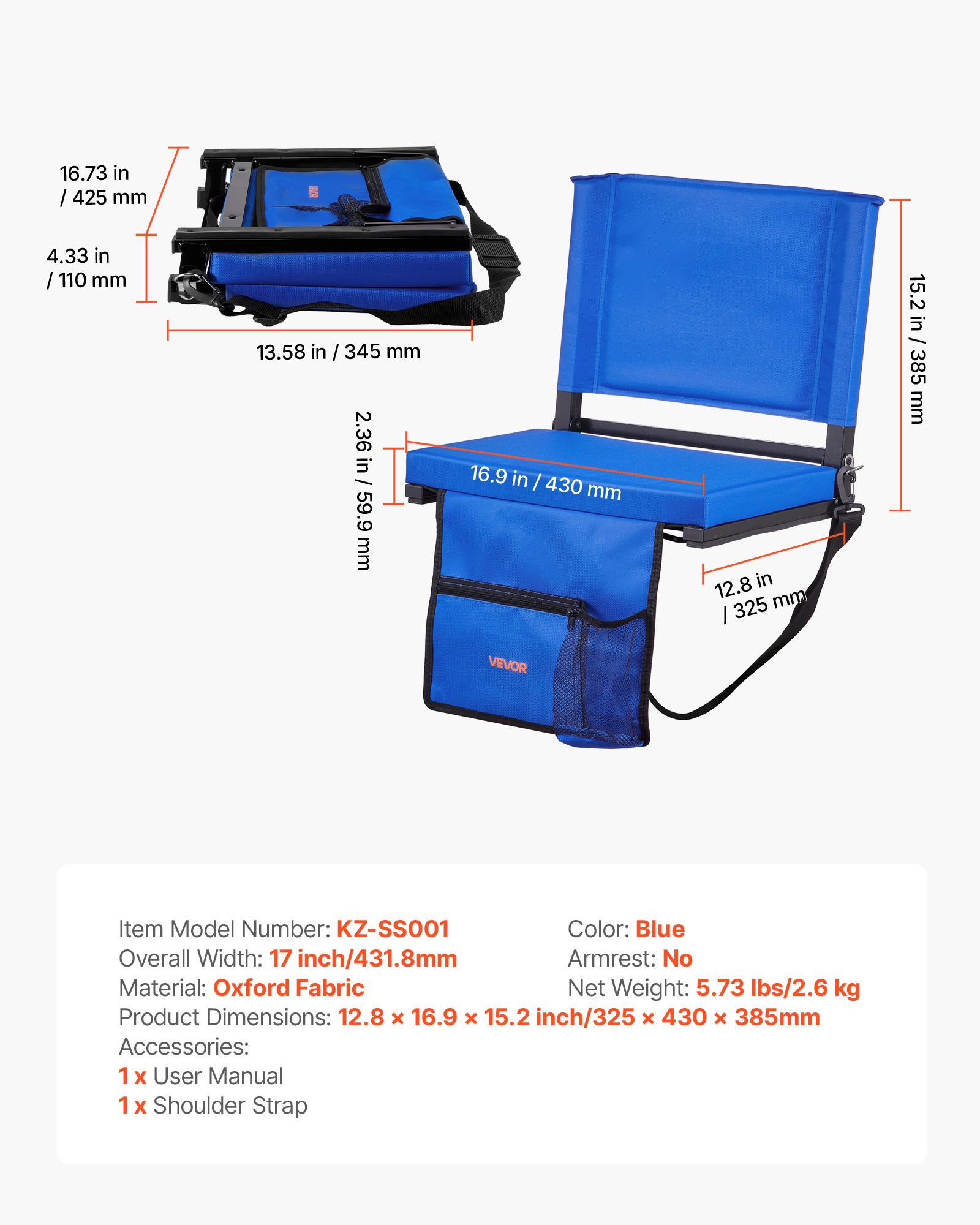 VEVOR Silla de Estadio Plegable, con Respaldo, Asiento Acolchado con Correa para el Hombro, Portavasos, Gancho y Bolsillo Lateral, Azul, 1 ud, 325 x 430 x 385 mm, Tela Oxford 600D Impermeable