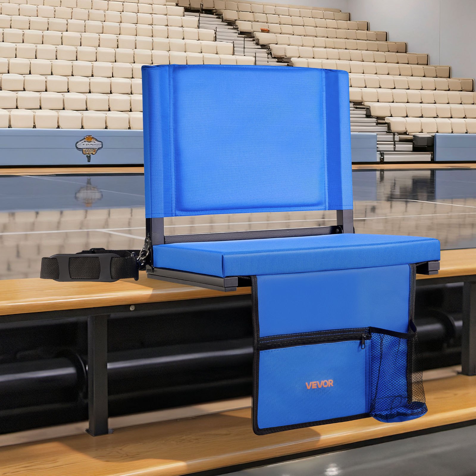 VEVOR Silla de Estadio Plegable, con Respaldo, Asiento Acolchado con Correa para el Hombro, Portavasos, Gancho y Bolsillo Lateral, Azul, 1 ud, 325 x 430 x 385 mm, Tela Oxford 600D Impermeable