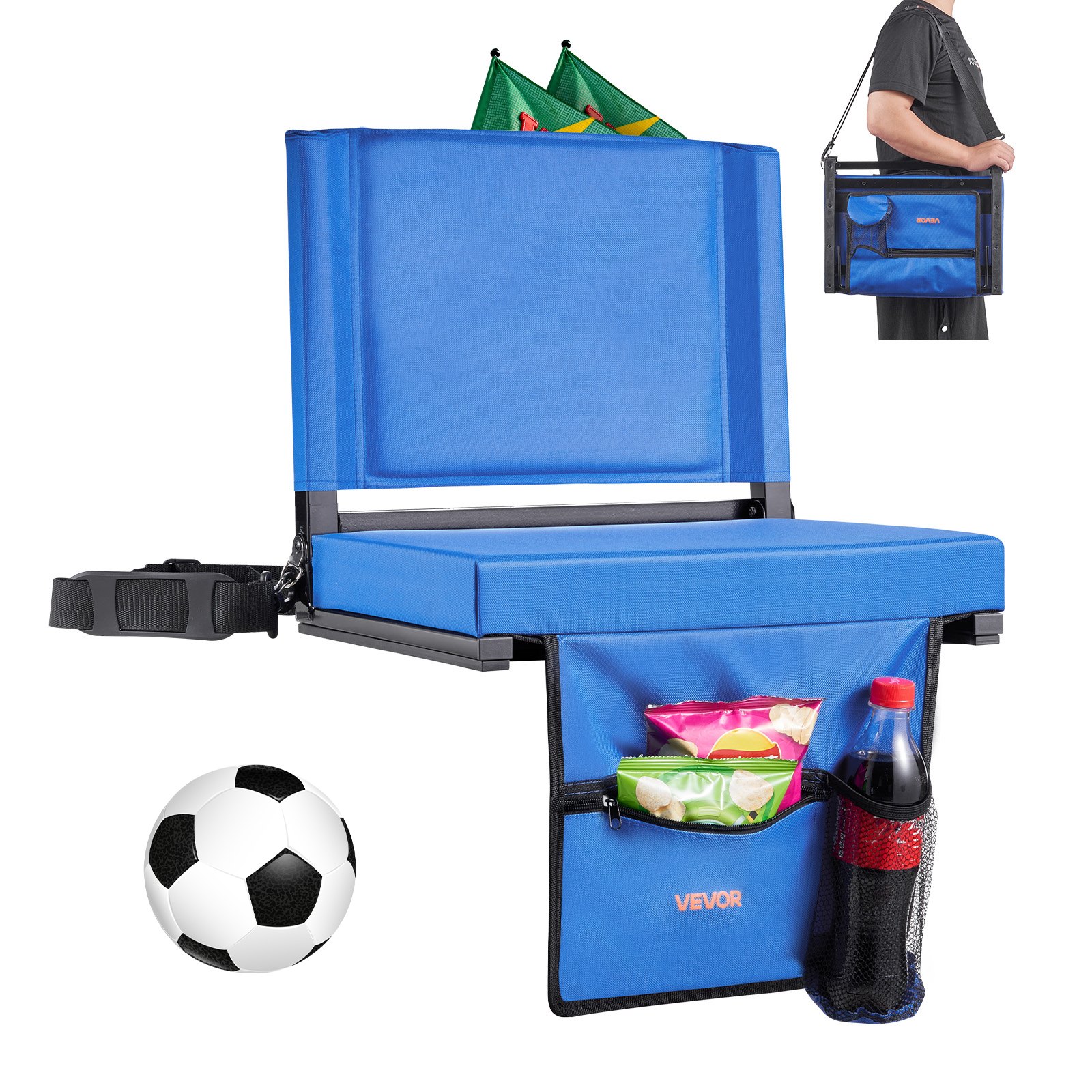 VEVOR Silla de Estadio Plegable, con Respaldo, Asiento Acolchado con Correa para el Hombro, Portavasos, Gancho y Bolsillo Lateral, Azul, 1 ud, 325 x 430 x 385 mm, Tela Oxford 600D Impermeable