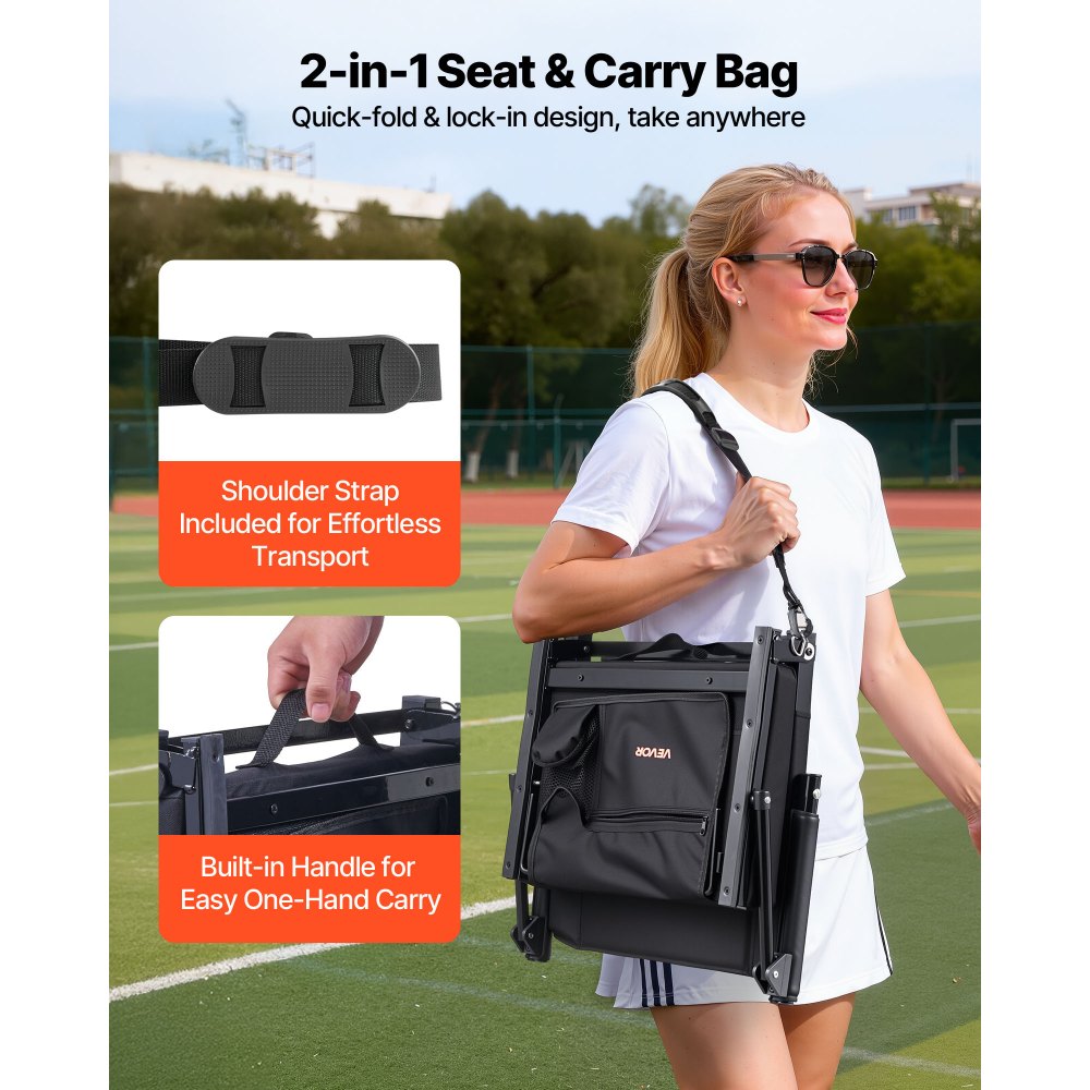 VEVOR Silla de Estadio Portátil con Respaldo y Reposabrazos, Correa para el Hombro, Portavasos y Gancho, con Múltiples Bolsillos, Color Negro, 2 uds, 365 x 495 x 425 mm, para Eventos Deportivos