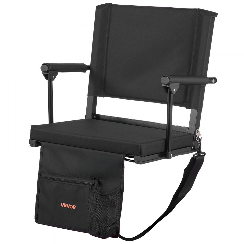 VEVOR Silla de Estadio Portátil con Respaldo y Reposabrazos, Correa para el Hombro, Portavasos y Gancho, con Múltiples Bolsillos, Color Negro, 2 uds, 365 x 495 x 425 mm, para Eventos Deportivos