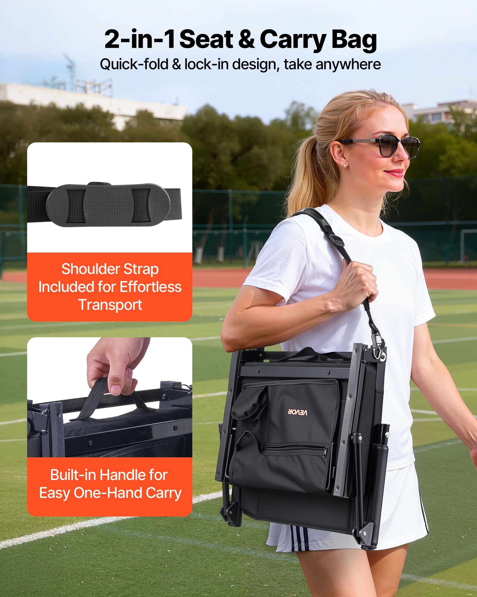 VEVOR Silla de Estadio Portátil con Respaldo y Reposabrazos, Correa para el Hombro, Portavasos y Gancho, con Múltiples Bolsillos, Color Negro, 2 uds, 365 x 495 x 425 mm, para Eventos Deportivos