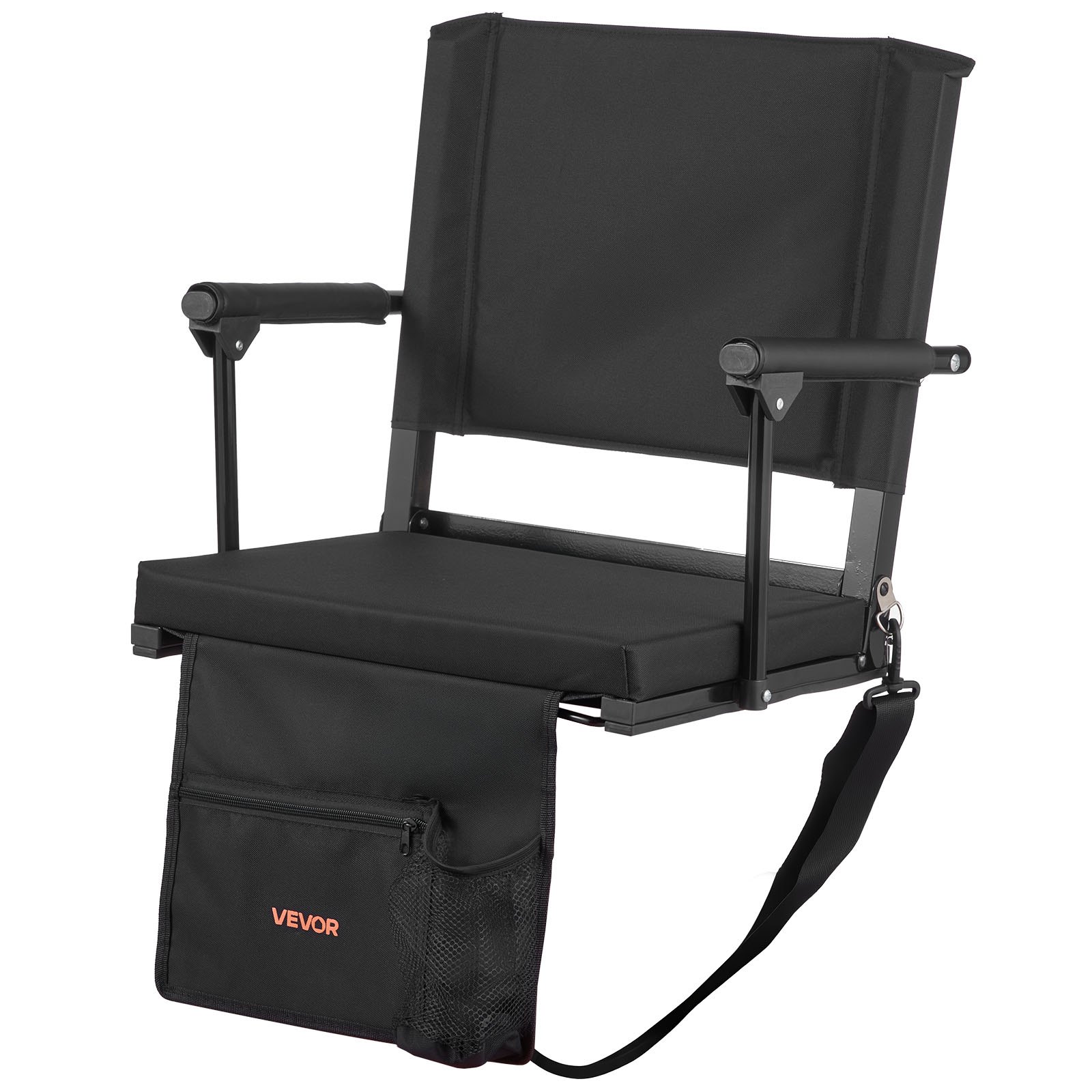 VEVOR Silla de Estadio Portátil con Respaldo y Reposabrazos, Correa para el Hombro, Portavasos y Gancho, con Múltiples Bolsillos, Color Negro, 2 uds, 365 x 495 x 425 mm, para Eventos Deportivos