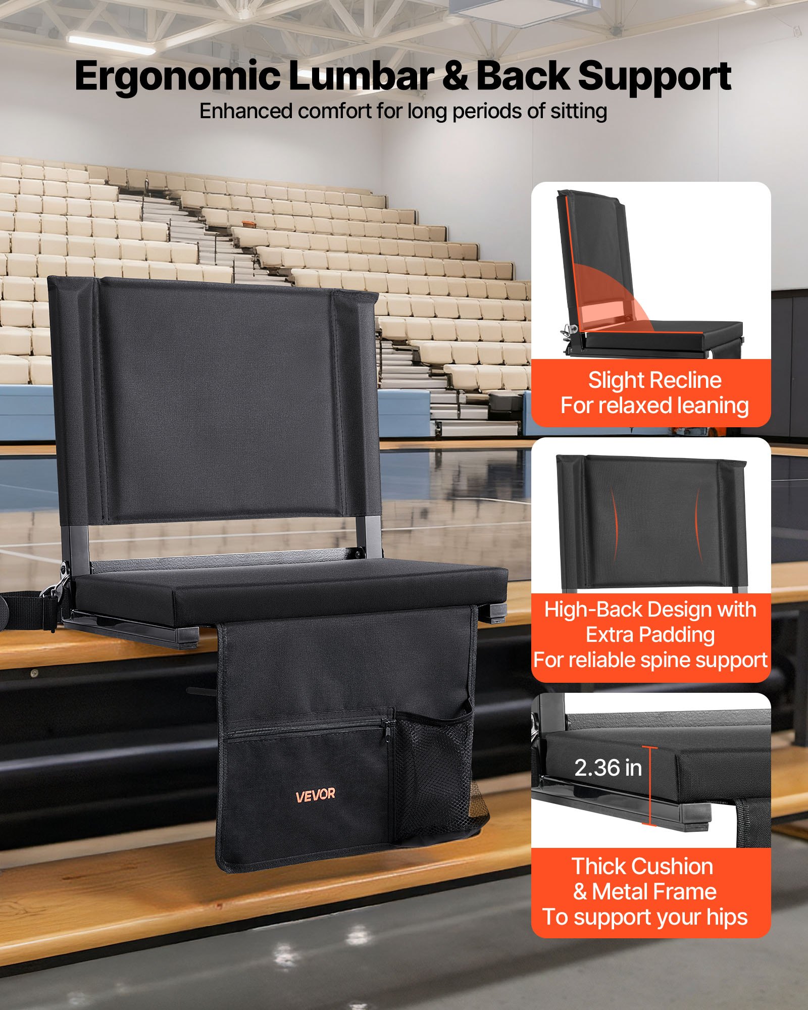 VEVOR Silla Plegable para Estadio con Respaldo, Acolchada, con Correa para el Hombro, Portavasos, Gancho y Bolsillo Lateral, Color Negro, Paquete de 2, 325 x 430 x 385 mm, para Eventos Deportivos