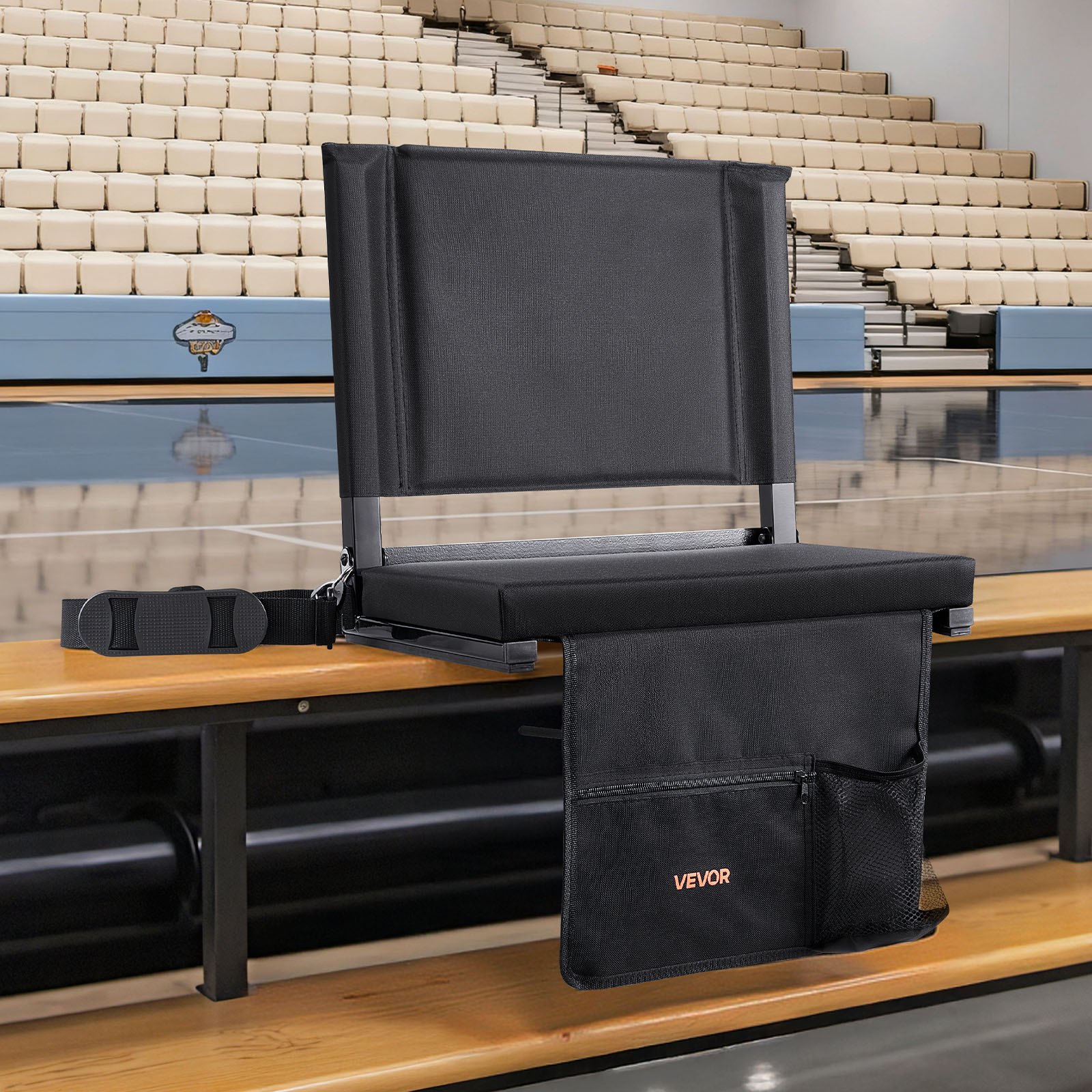VEVOR Silla Plegable para Estadio con Respaldo, Acolchada, con Correa para el Hombro, Portavasos, Gancho y Bolsillo Lateral, Color Negro, Paquete de 2, 325 x 430 x 385 mm, para Eventos Deportivos