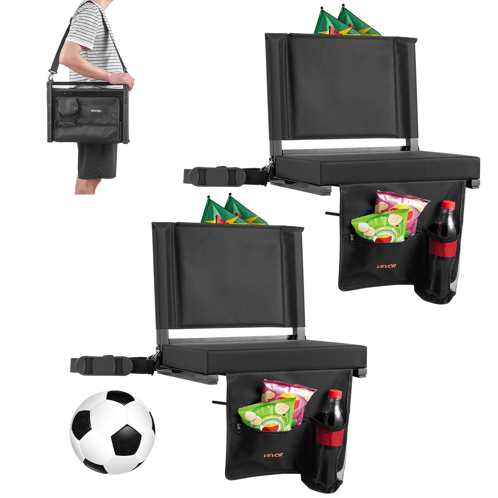 VEVOR Silla Plegable para Estadio con Respaldo, Acolchada, con Correa para el Hombro, Portavasos, Gancho y Bolsillo Lateral, Color Negro, Paquete de 2, 325 x 430 x 385 mm, para Eventos Deportivos