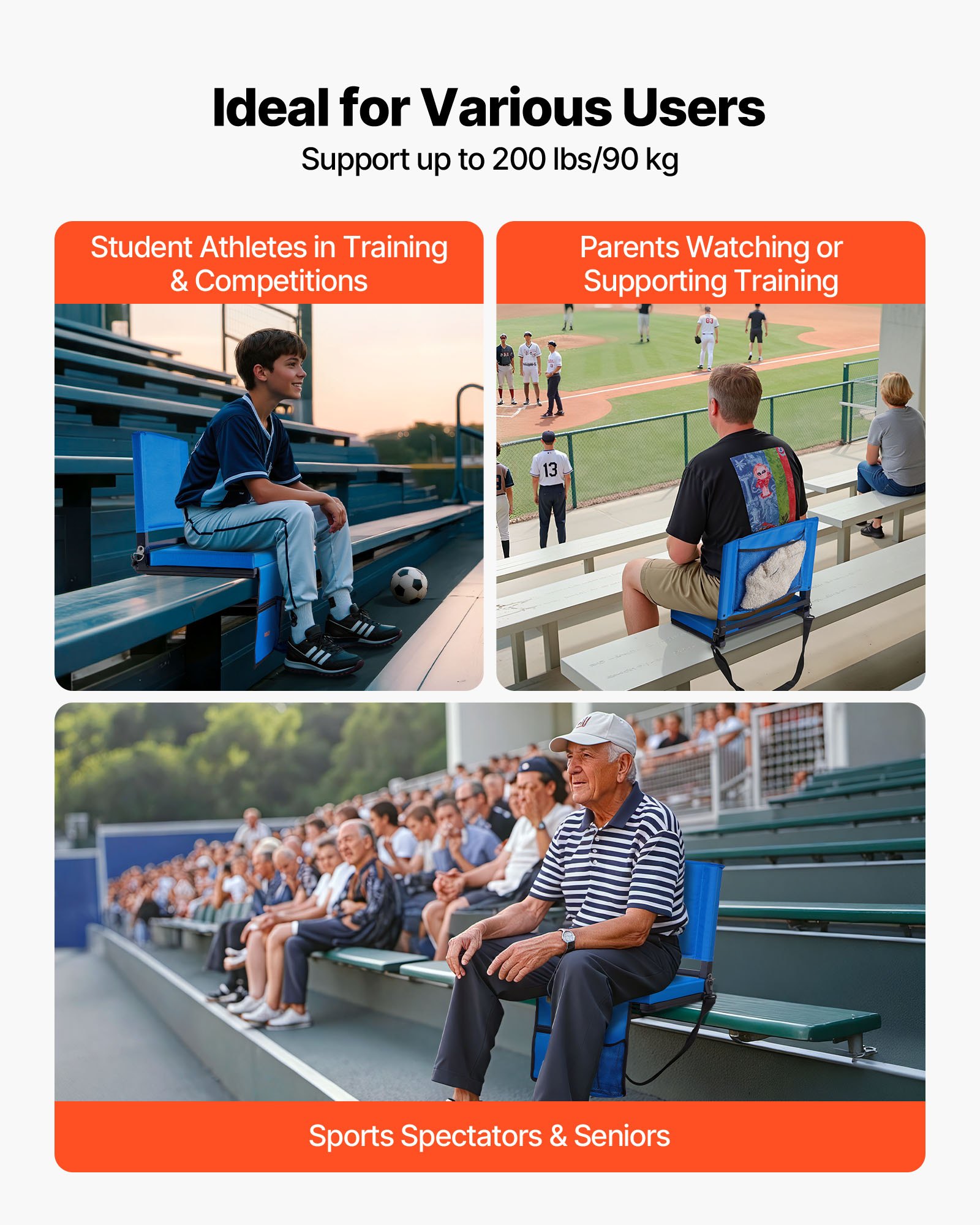 VEVOR Silla Plegable para Gradas con Respaldo, con Correa para el Hombro, Portavasos, Gancho y Bolsillo Lateral, Color Azul, 2 Unidades, 325 x 430 x 385 mm, para Eventos Deportivos al Aire Libre