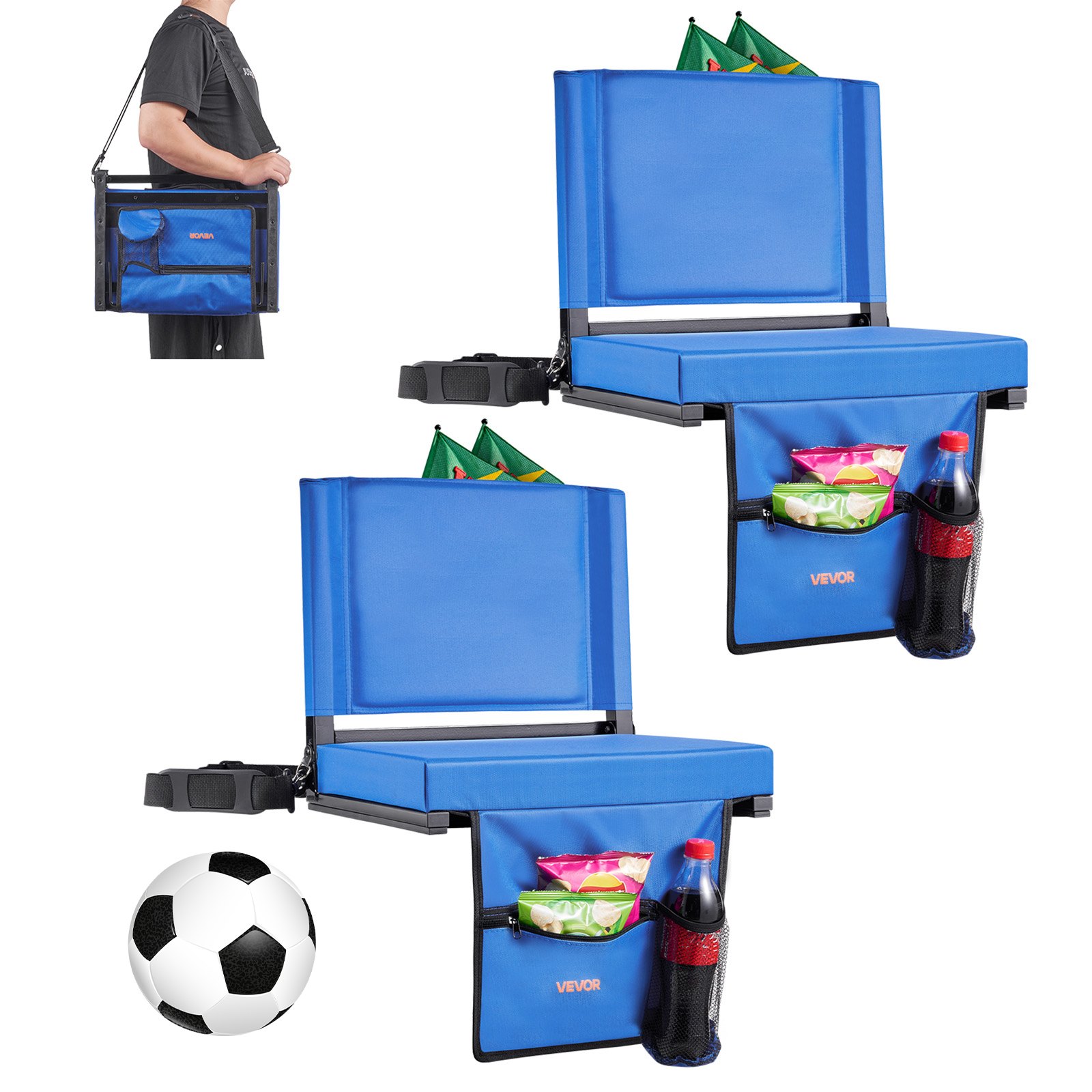 VEVOR Silla Plegable para Gradas con Respaldo, con Correa para el Hombro, Portavasos, Gancho y Bolsillo Lateral, Color Azul, 2 Unidades, 325 x 430 x 385 mm, para Eventos Deportivos al Aire Libre