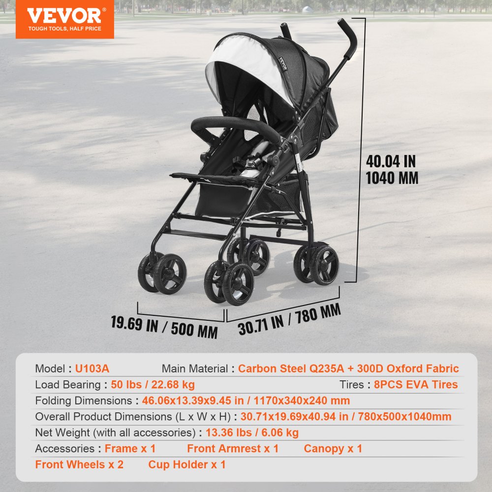 VEVOR Lightweight Stroller, Compact, Easy to Fold, with Adjustable Backrest, Carbon Steel Frame, Large Storage Basket, Stroller with Sunshade for Travel and More, Black/White