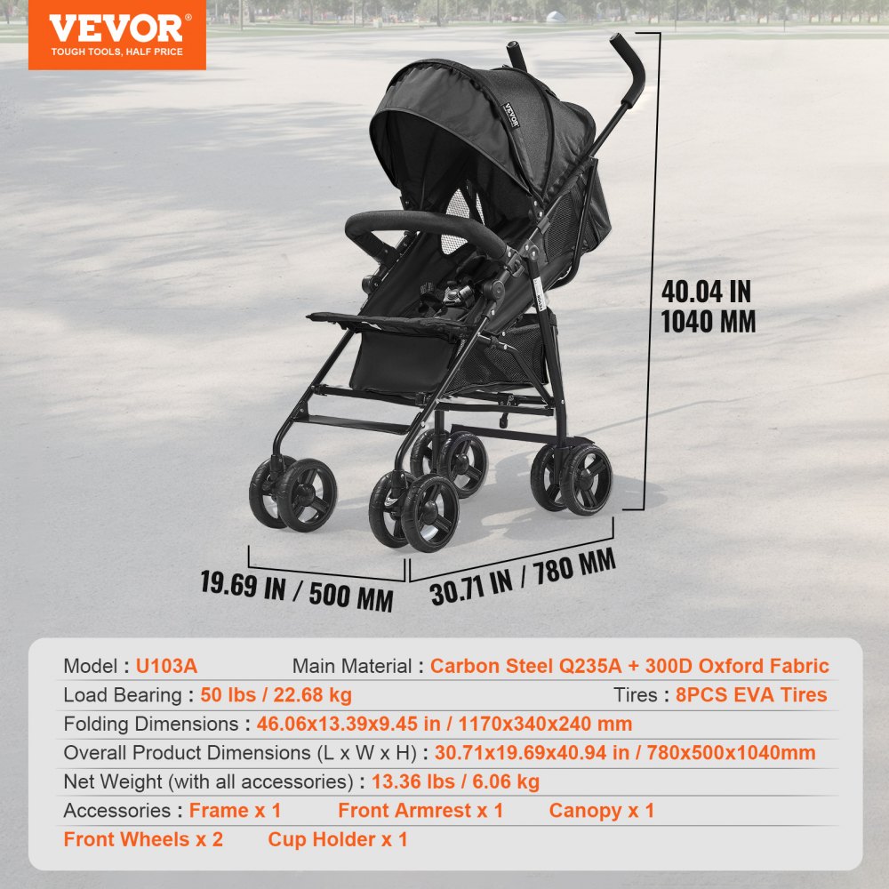 VEVOR Lightweight Stroller, Compact, Easy to Fold, with Adjustable Backrest, Carbon Steel Frame, Large Storage Basket, Cup Holder, Stroller with Sunshade for Travel and More, Black