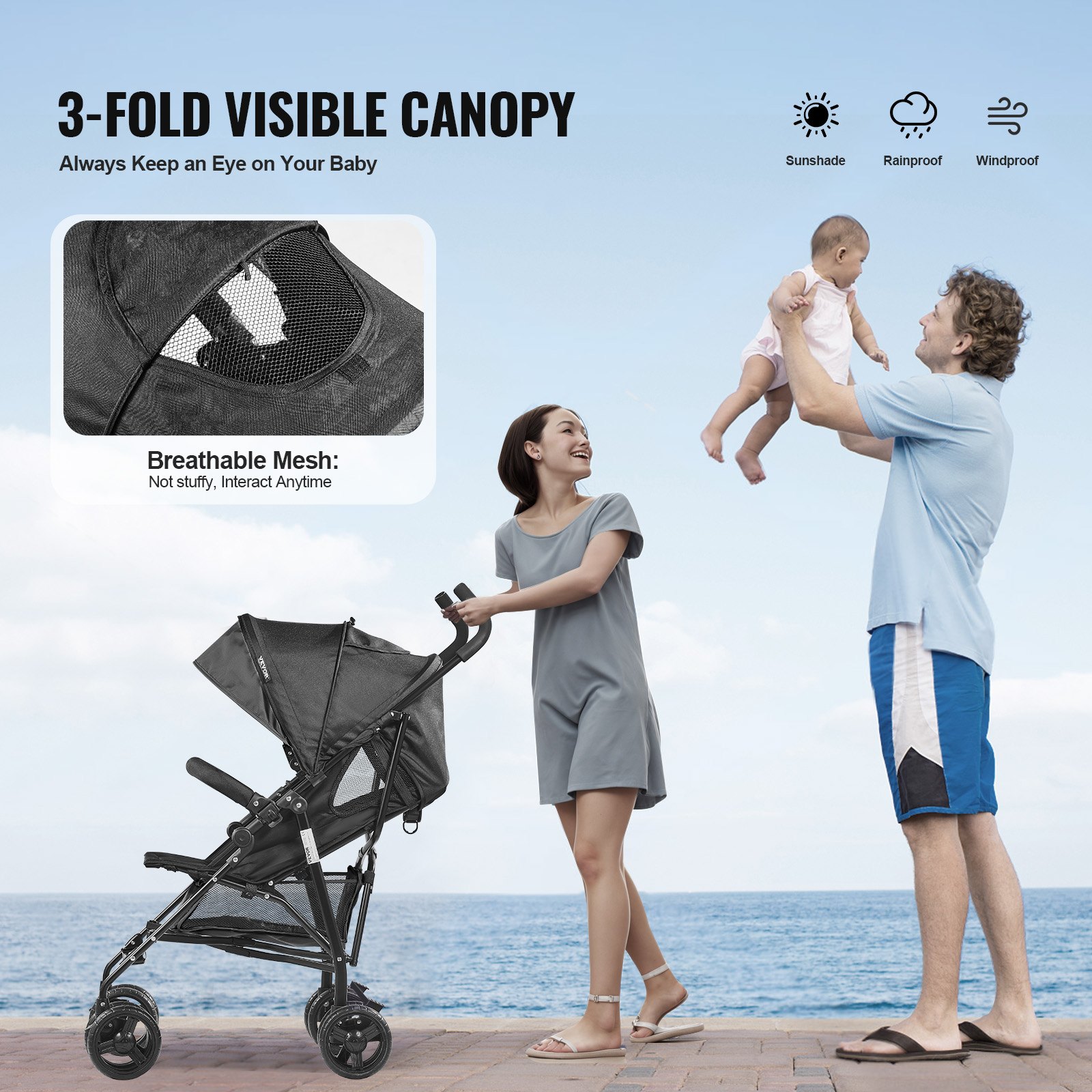 VEVOR Lightweight Stroller, Compact, Easy to Fold, with Adjustable Backrest, Carbon Steel Frame, Large Storage Basket, Cup Holder, Stroller with Sunshade for Travel and More, Black
