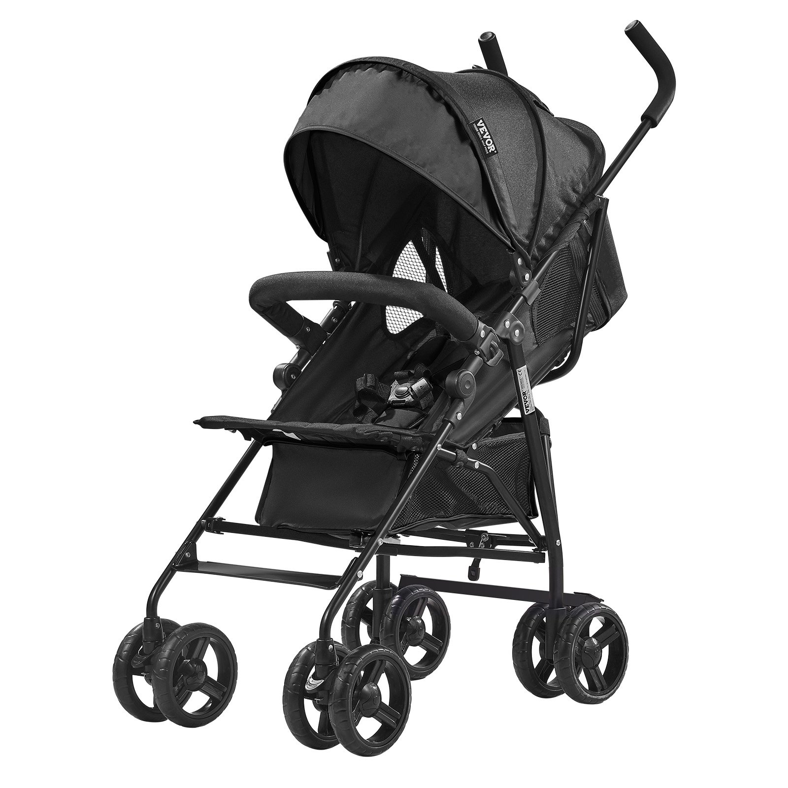 VEVOR Lightweight Stroller, Compact, Easy to Fold, with Adjustable Backrest, Carbon Steel Frame, Large Storage Basket, Cup Holder, Stroller with Sunshade for Travel and More, Black