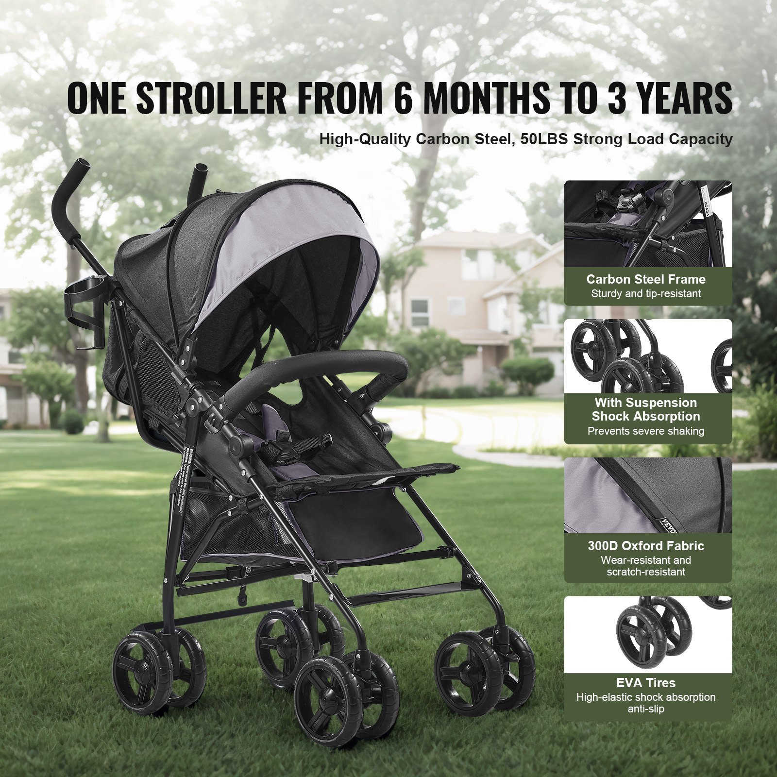 VEVOR Lightweight Stroller, Compact, Easy to Fold, with Adjustable Backrest, Canopy, Carbon Steel Frame, Large Storage Basket, Cup Holder, Stroller with Umbrella for On-the-Go Use, Light Grey/Black