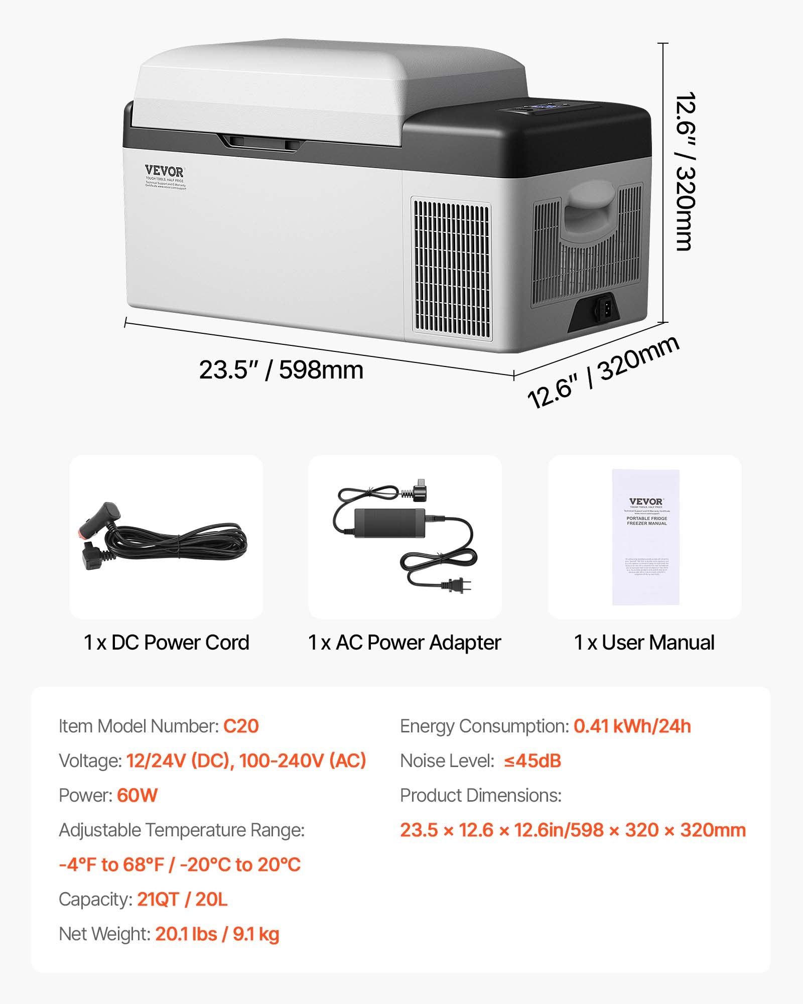 VEVOR Compresor 20L Refrigerador Pequeño Portátil Refrigerador del automóvil Congelador Vehículo