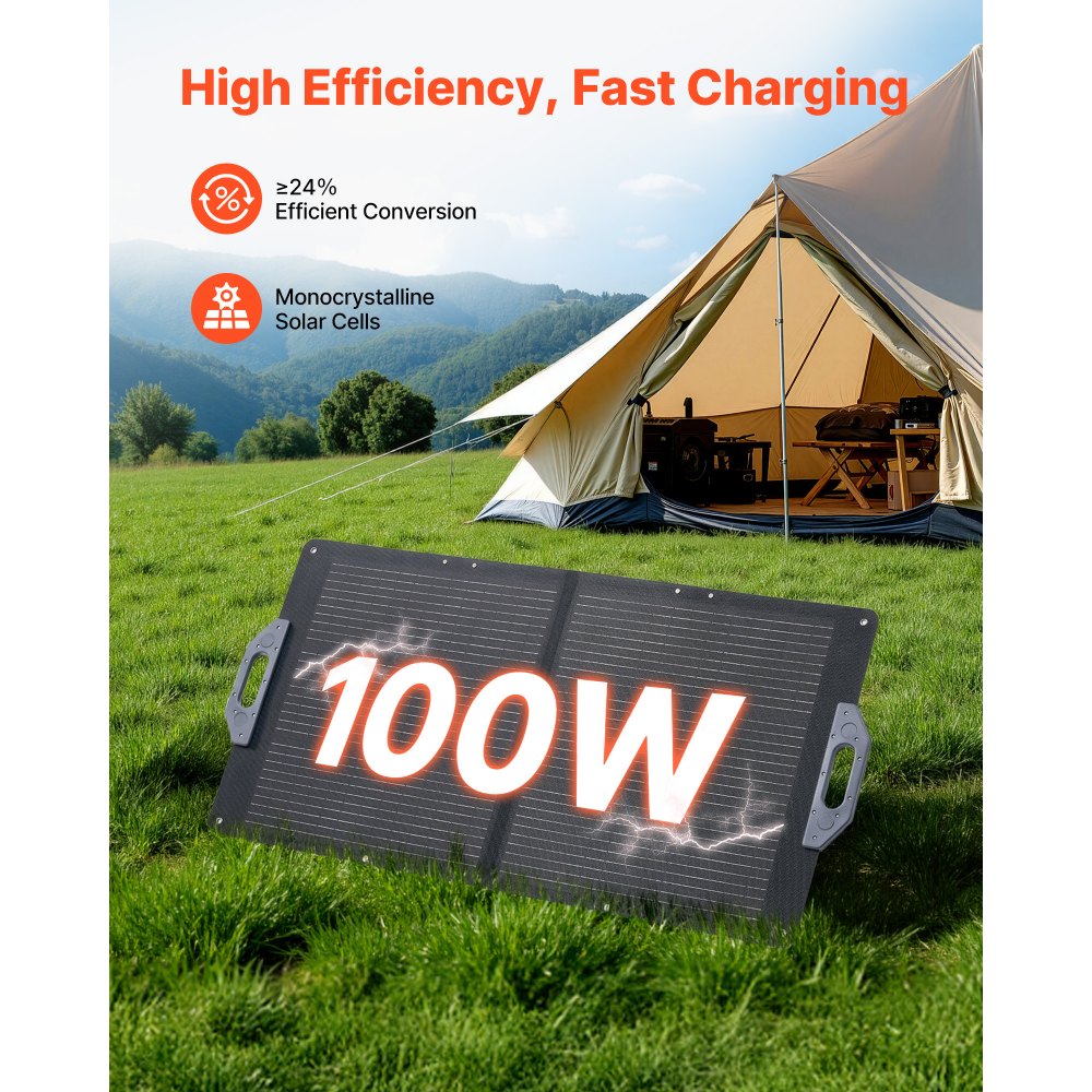 VEVOR Placa Solar Plegable 100W, Panel Solar Monocristalino Portátil con Puertos USB MC4 DC, Alta Eficiencia 24%, IP65 Impermeable, Compatible con Estaciones de Energía Acampadas Autocaravanas Viajes
