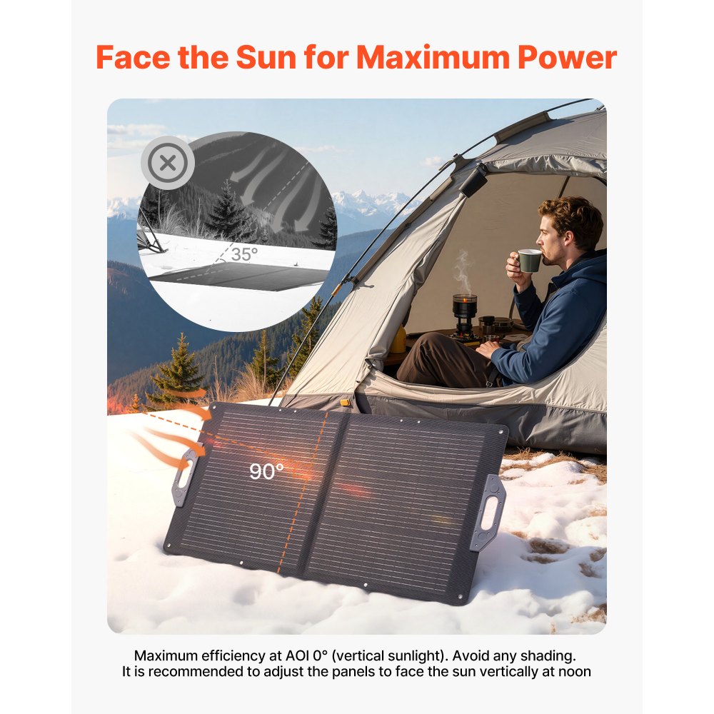 VEVOR Placa Solar Plegable 100W, Panel Solar Monocristalino Portátil con Puertos USB MC4 DC, Alta Eficiencia 24%, IP65 Impermeable, Compatible con Estaciones de Energía Acampadas Autocaravanas Viajes