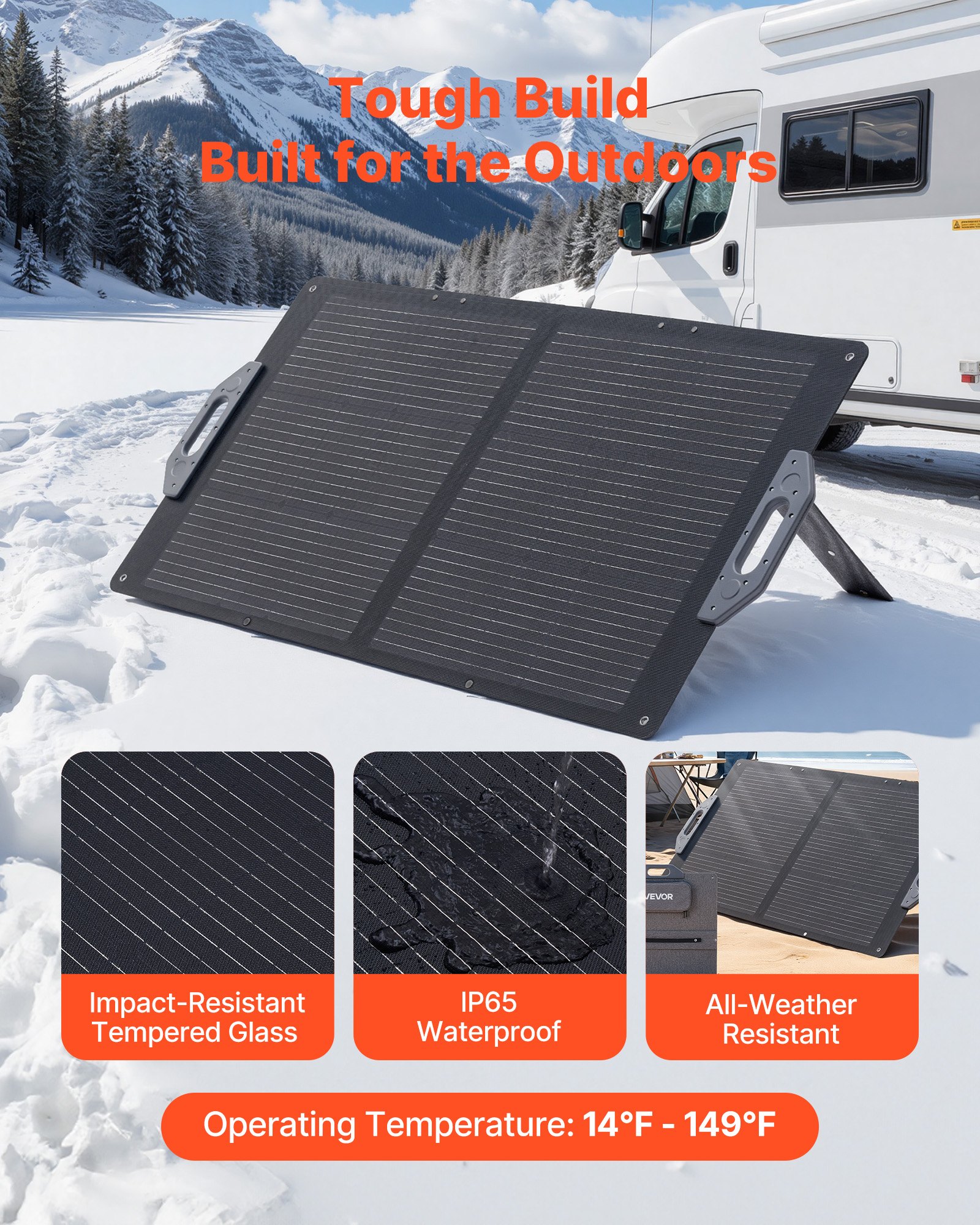 VEVOR Placa Solar Plegable 100W, Panel Solar Monocristalino Portátil con Puertos USB MC4 DC, Alta Eficiencia 24%, IP65 Impermeable, Compatible con Estaciones de Energía Acampadas Autocaravanas Viajes