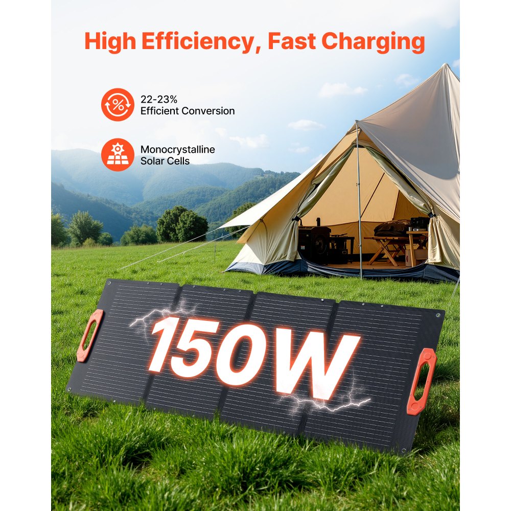 VEVOR Panel Solar Monocristalino Plegable 150 W, Cargador Portátil ETFE Monocristalino con Eficiencia 23 %, Salida MC4, Tipo C, Impermeable IP67 para Centrales Eléctricas, Camping y Senderismo